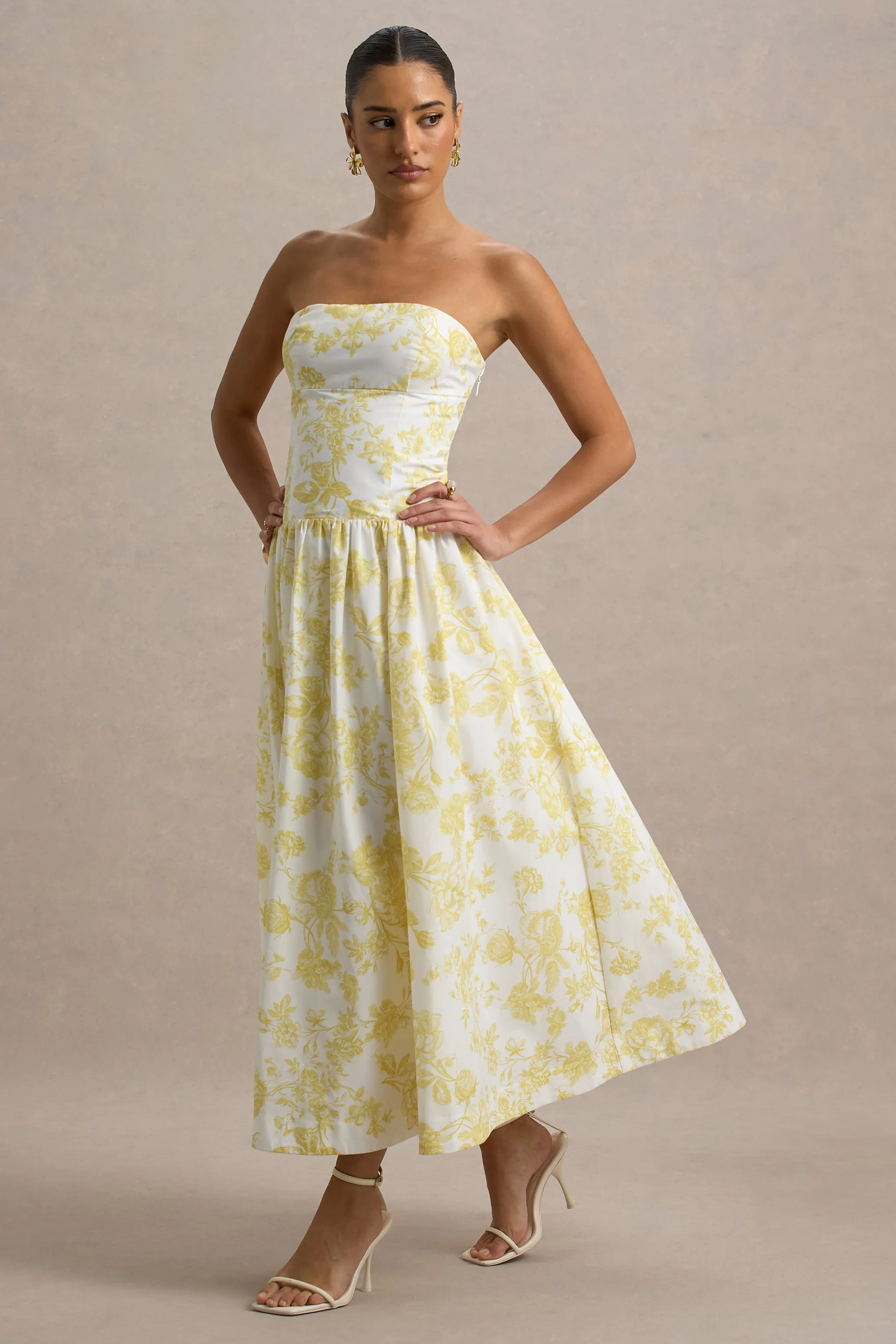 Bluebell | Lemon Print Poplin Bandeau Drop-Waist Midi Dress Club L London