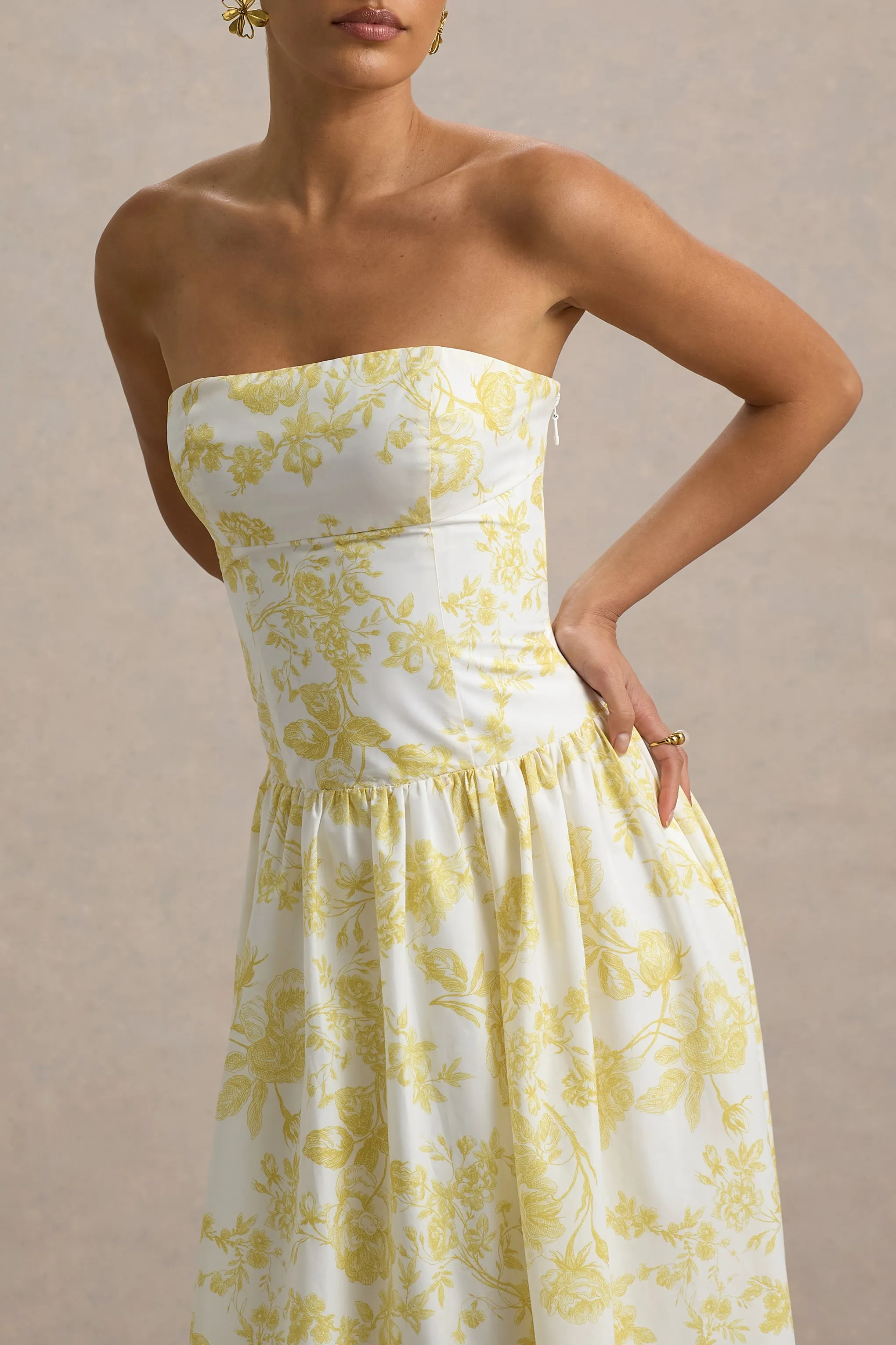 Bluebell | Lemon Print Poplin Bandeau Drop-Waist Midi Dress Club L London