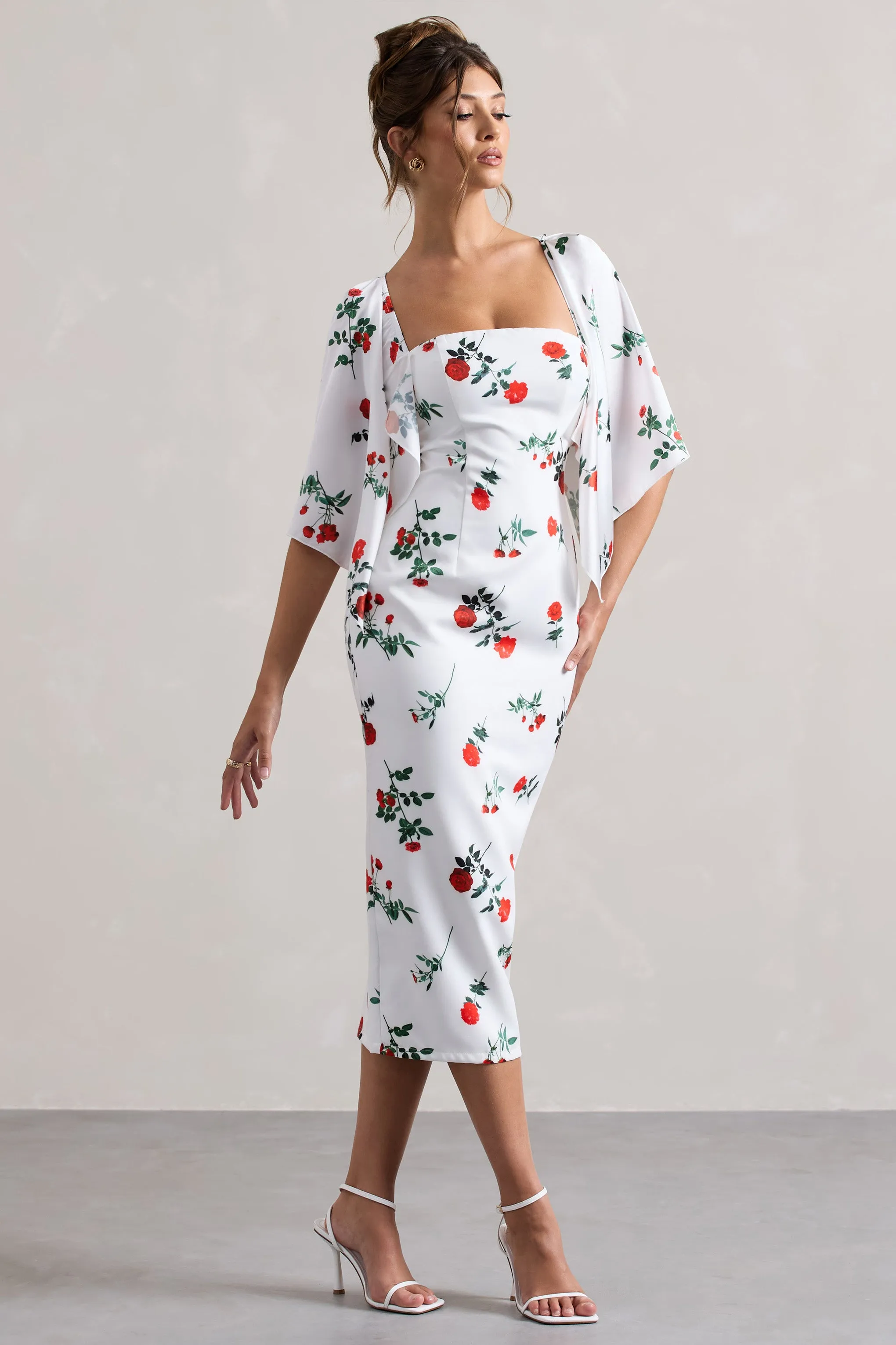 Bonita | Rose Print Cape-Sleeve Midi Dress Club L London