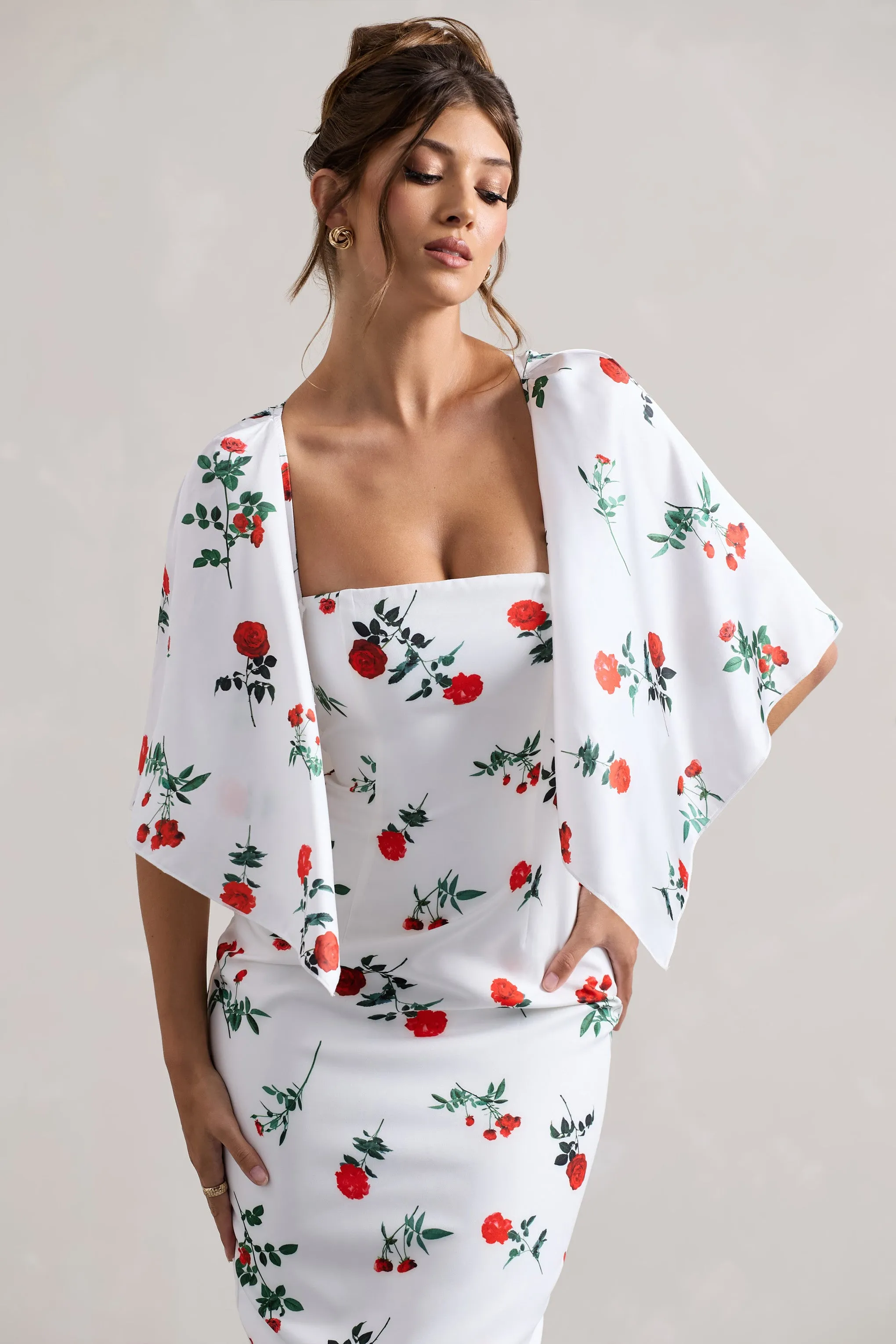 Bonita | Rose Print Cape-Sleeve Midi Dress Club L London