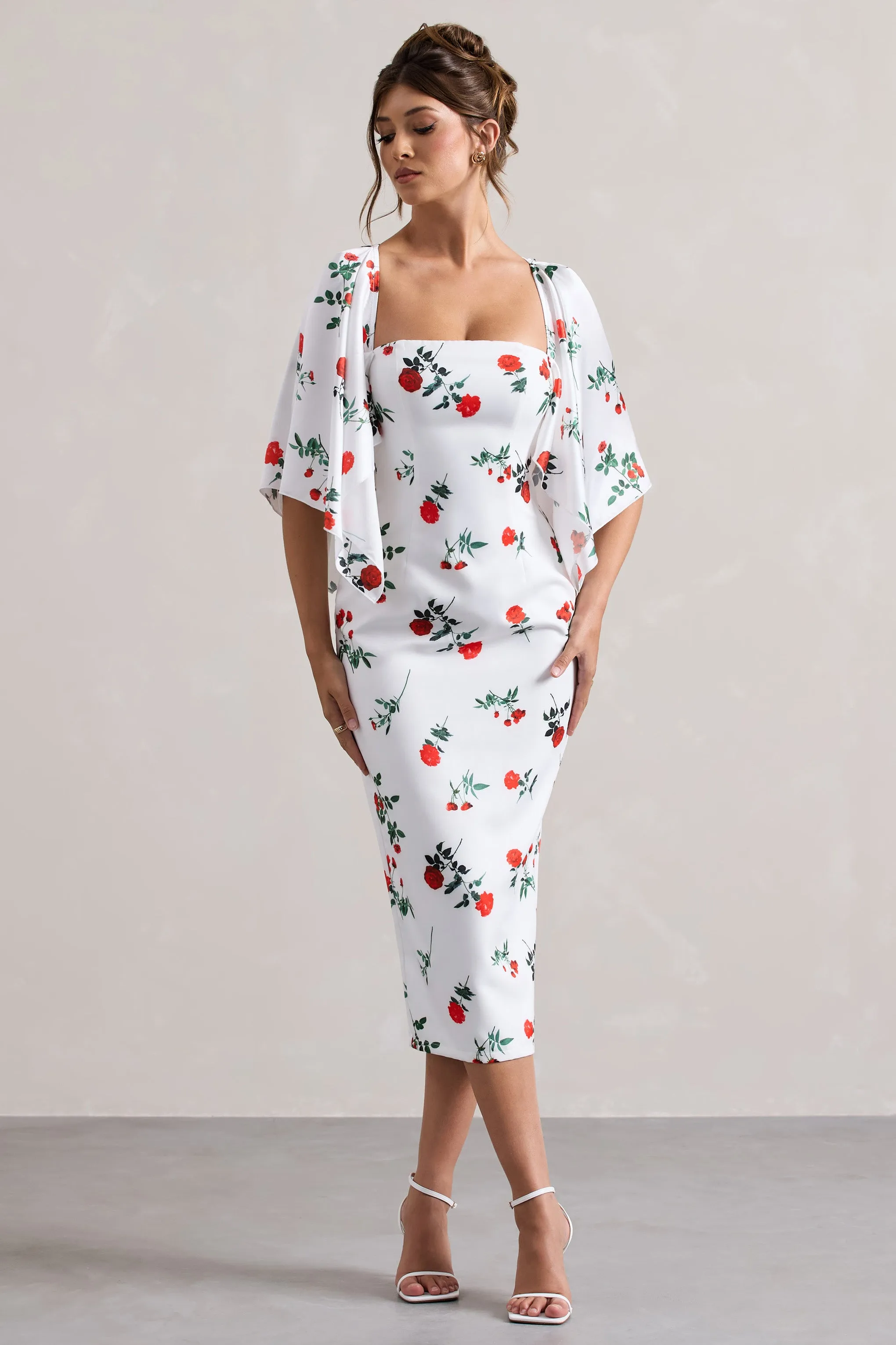 Bonita | Rose Print Cape-Sleeve Midi Dress Club L London