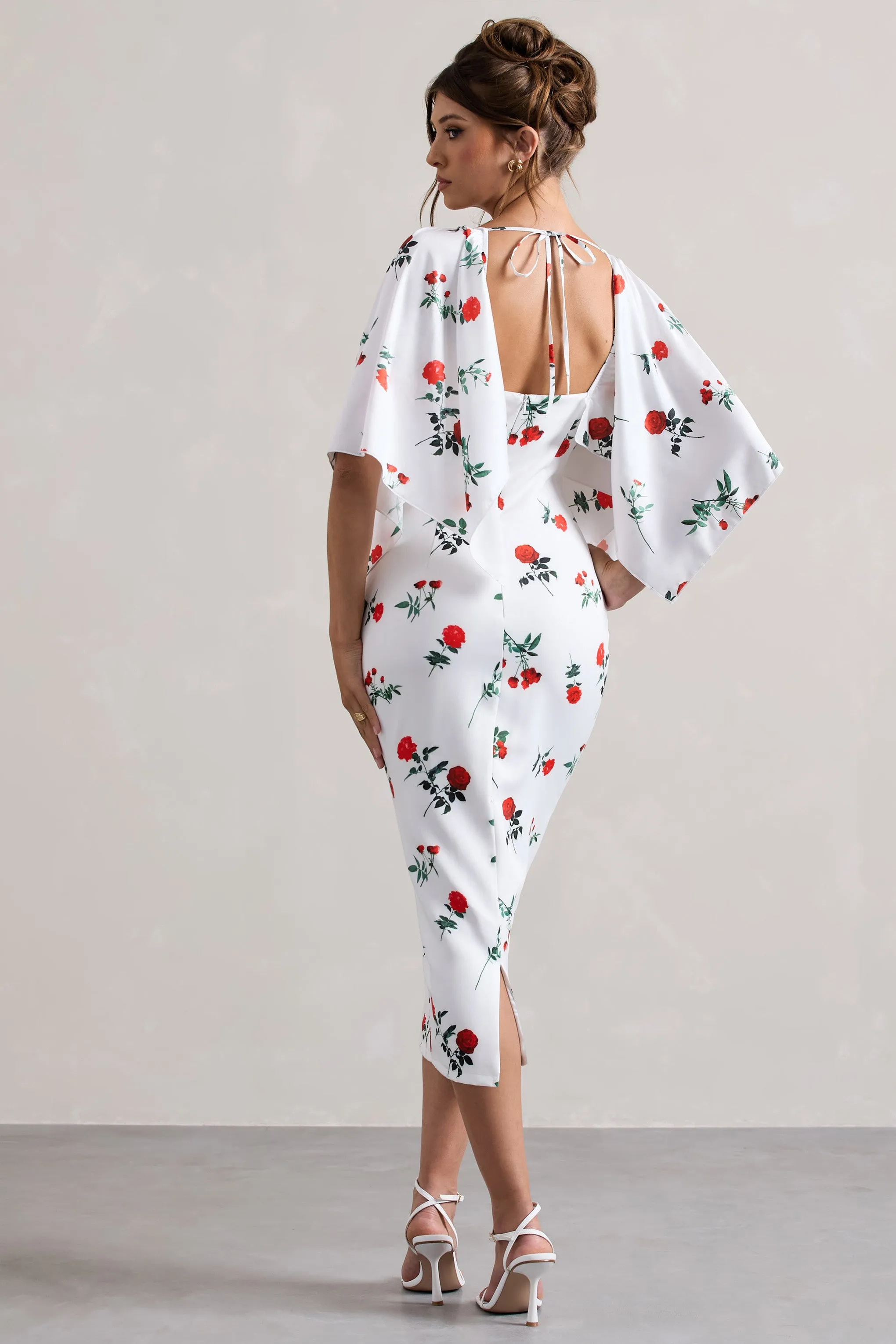 Bonita | Rose Print Cape-Sleeve Midi Dress Club L London