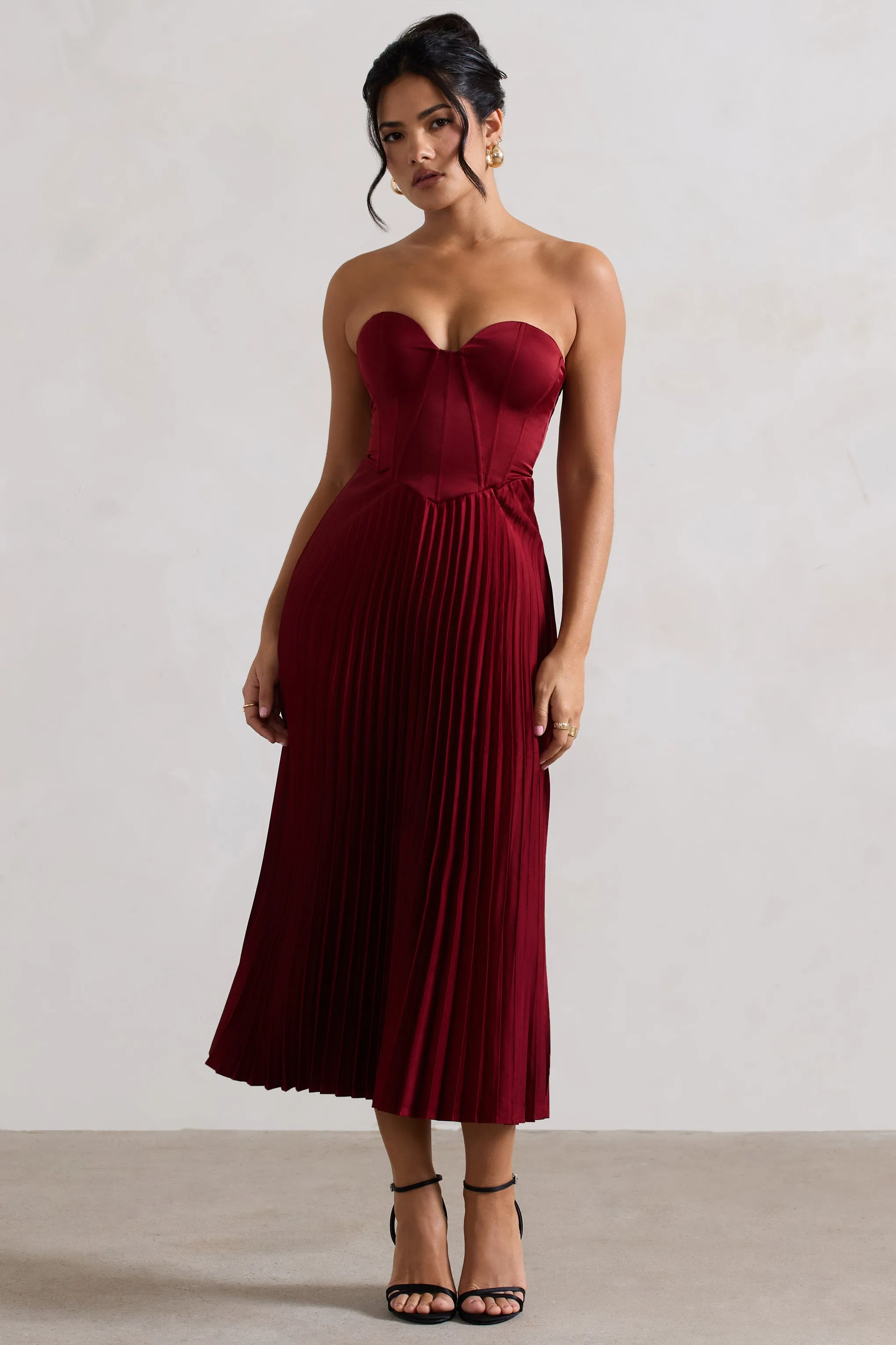 Bordeaux | Berry Satin Corset Style Midi Dress Club L London