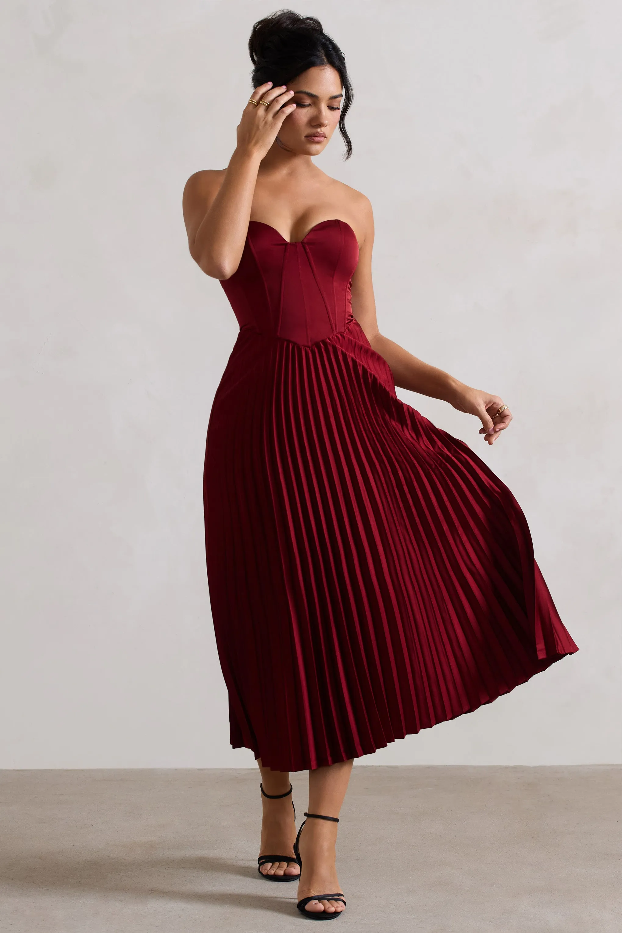 Bordeaux | Berry Satin Corset Style Midi Dress Club L London