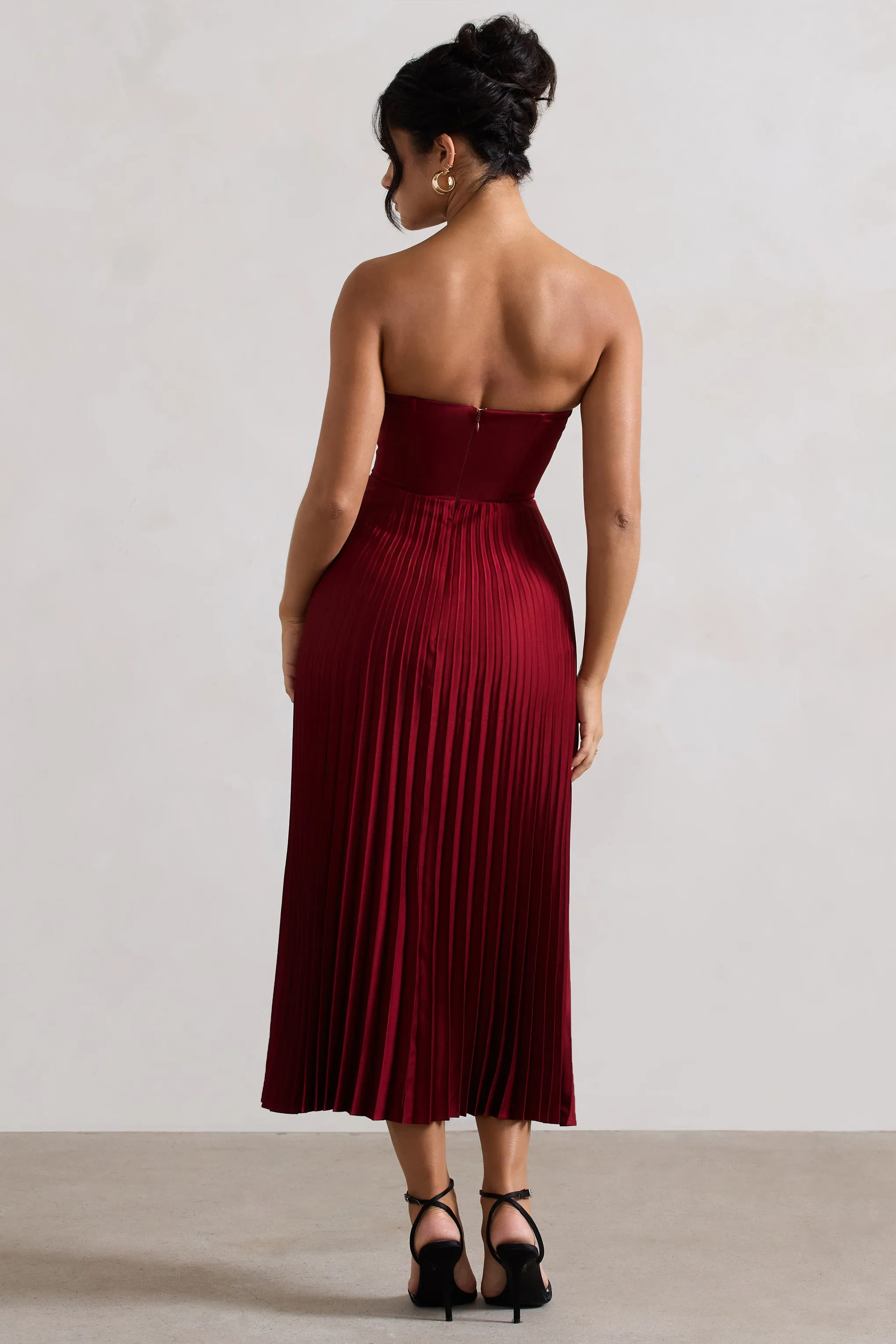 Bordeaux | Berry Satin Corset Style Midi Dress Club L London