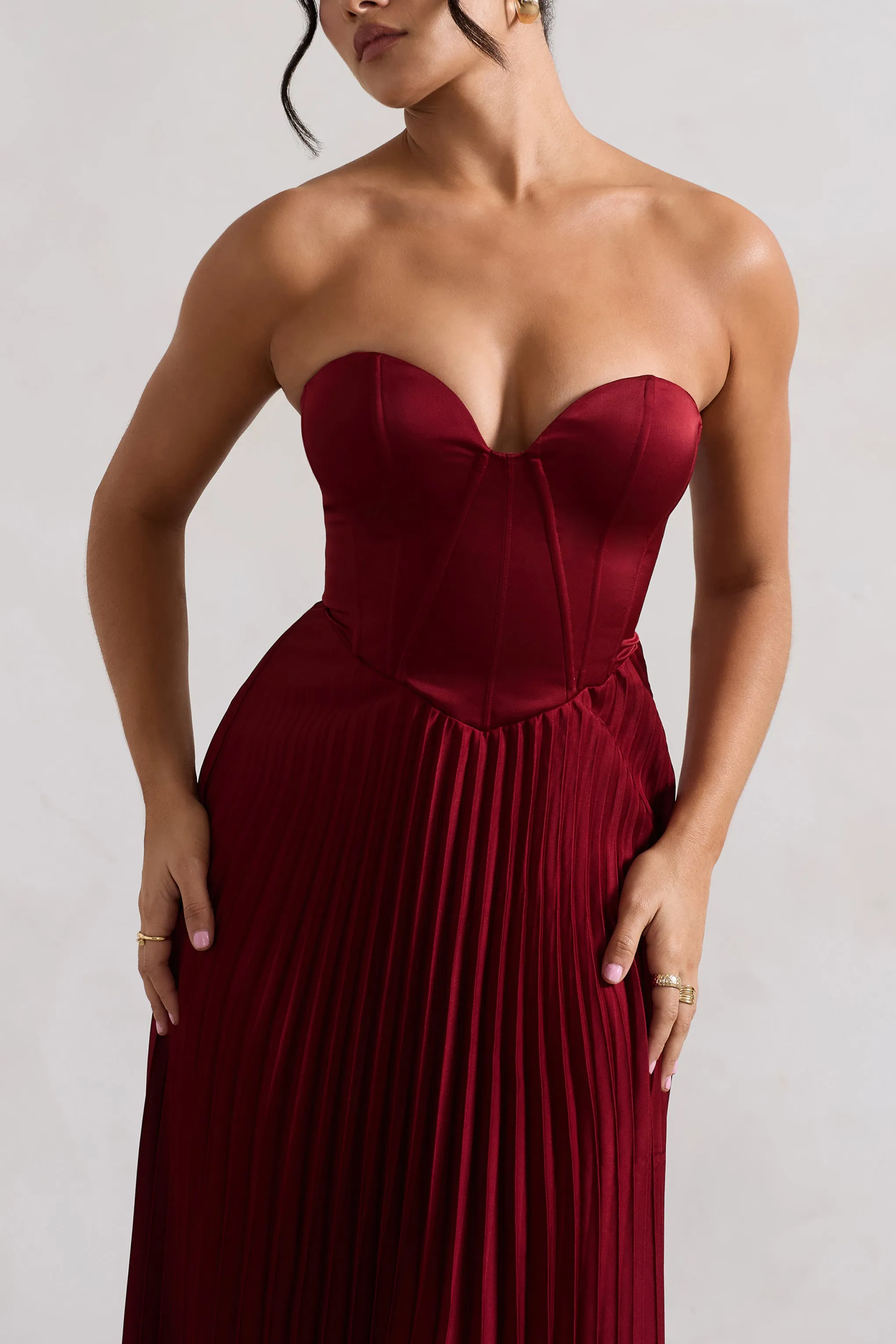 Bordeaux | Berry Satin Corset Style Midi Dress Club L London