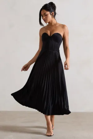 Bordeaux | Black Satin Corset Style Midi Dress Club L London