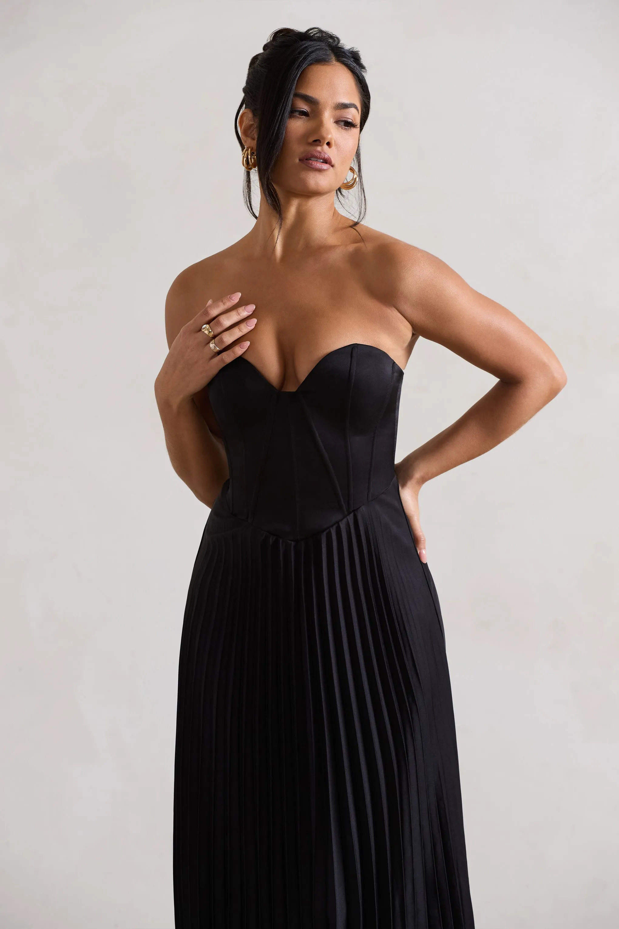 Bordeaux | Black Satin Corset Style Midi Dress Club L London