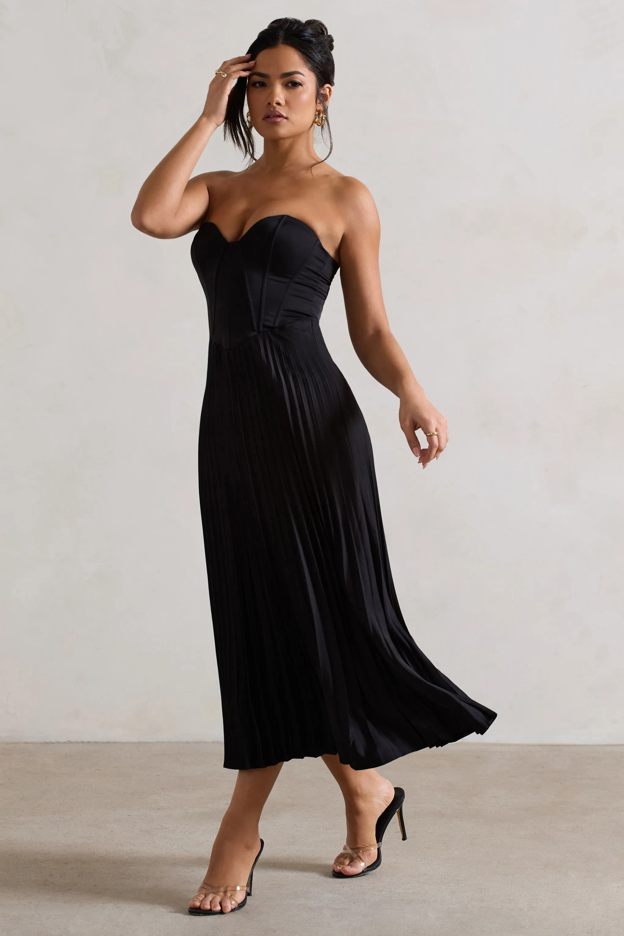 Bordeaux | Black Satin Corset Style Midi Dress Club L London