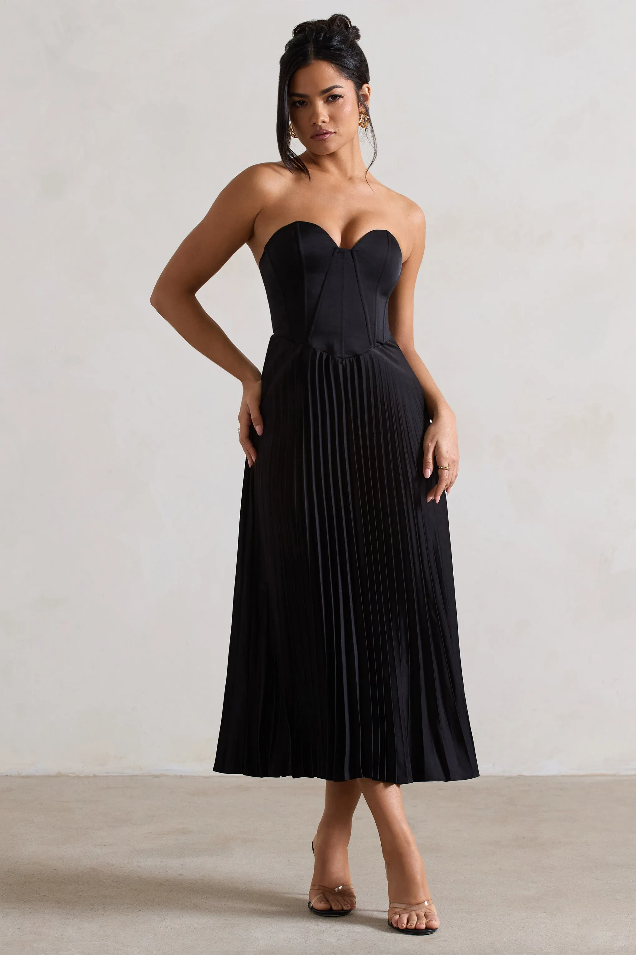 Bordeaux | Black Satin Corset Style Midi Dress Club L London