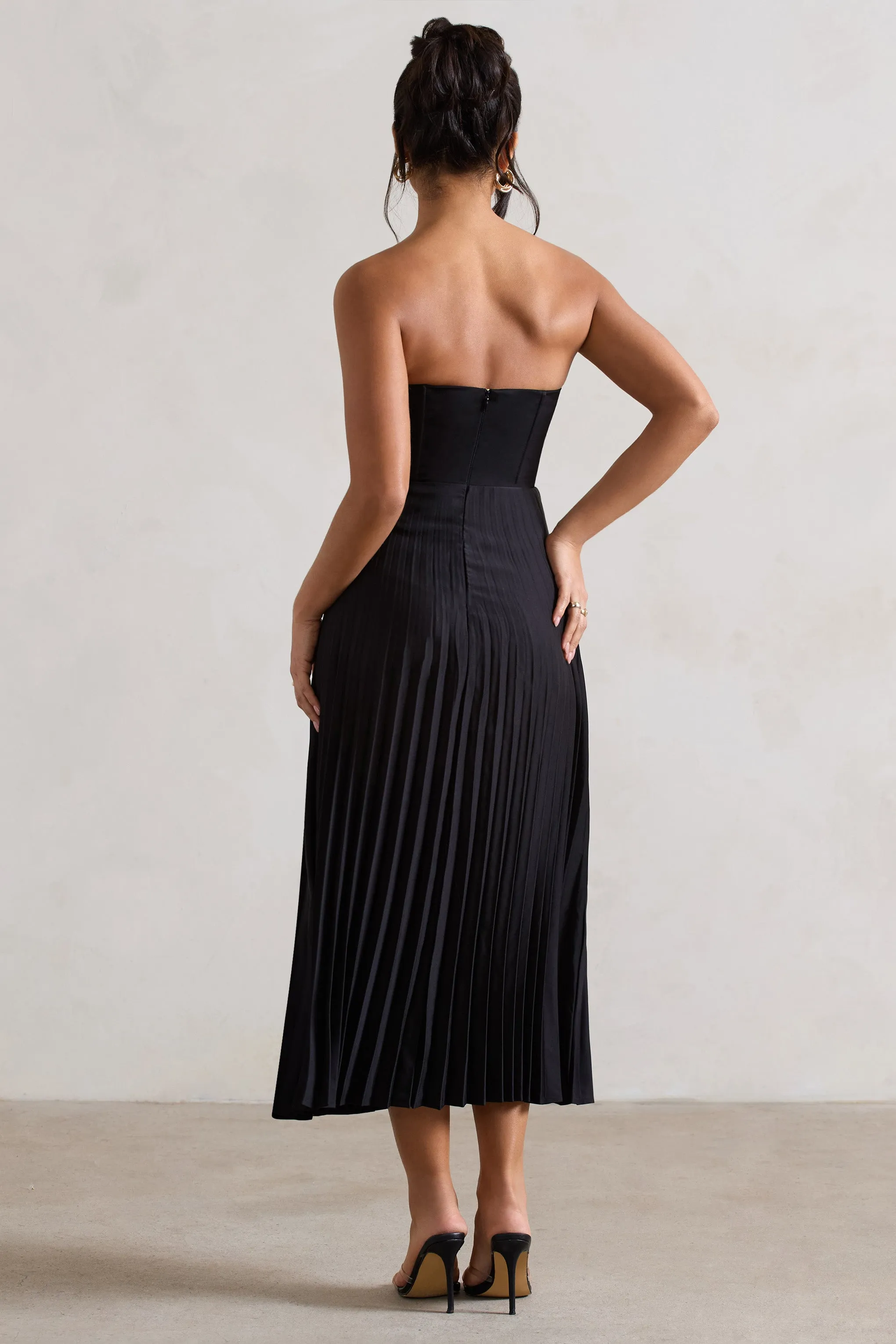 Bordeaux | Black Satin Corset Style Midi Dress Club L London