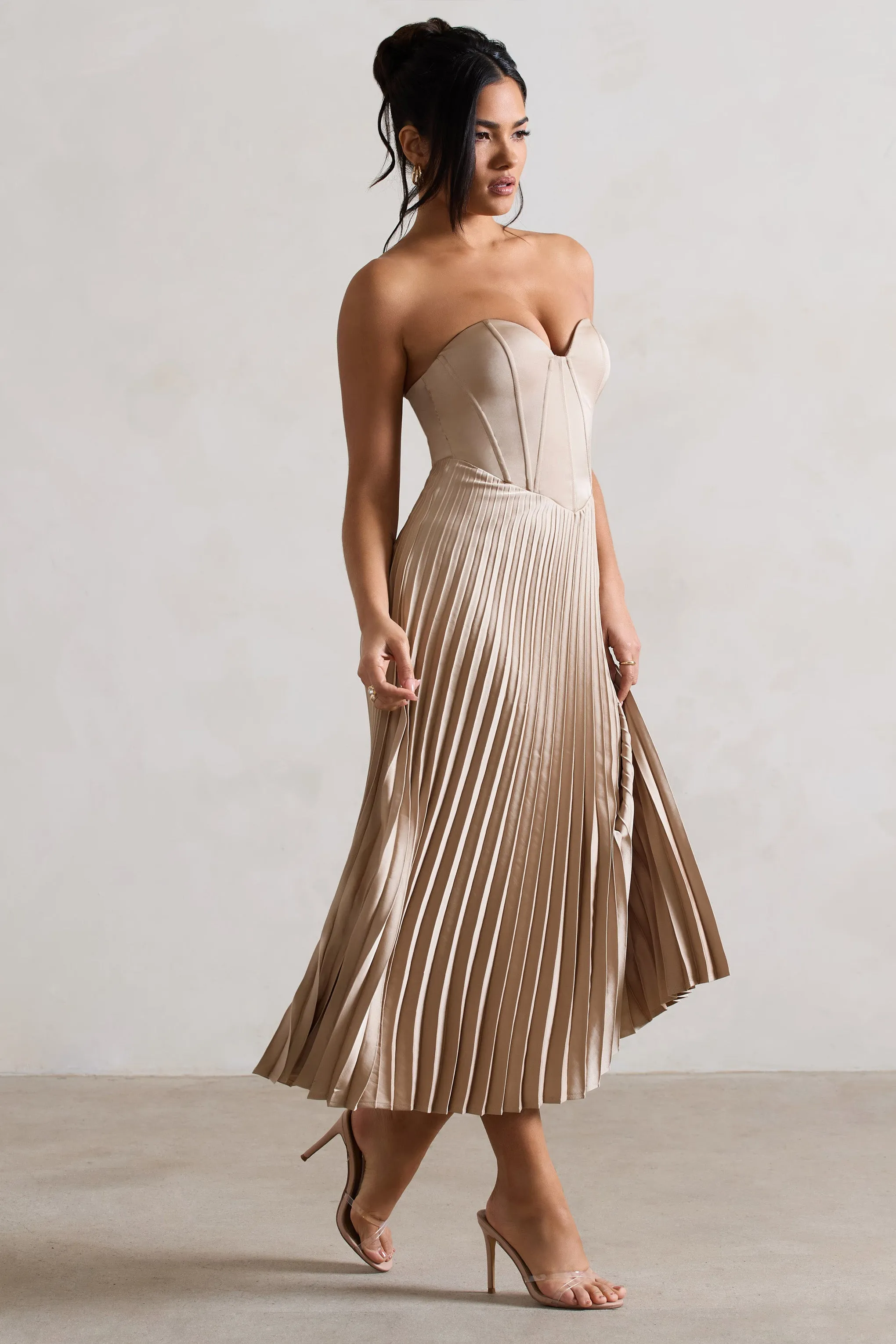 Bordeaux | Champagne Satin Corset Style Midi Dress Club L London