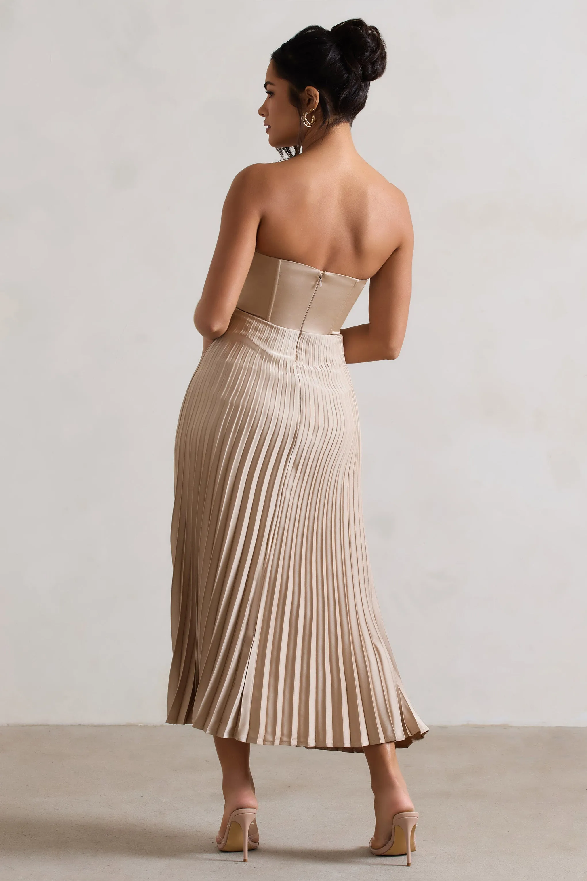 Bordeaux | Champagne Satin Corset Style Midi Dress Club L London