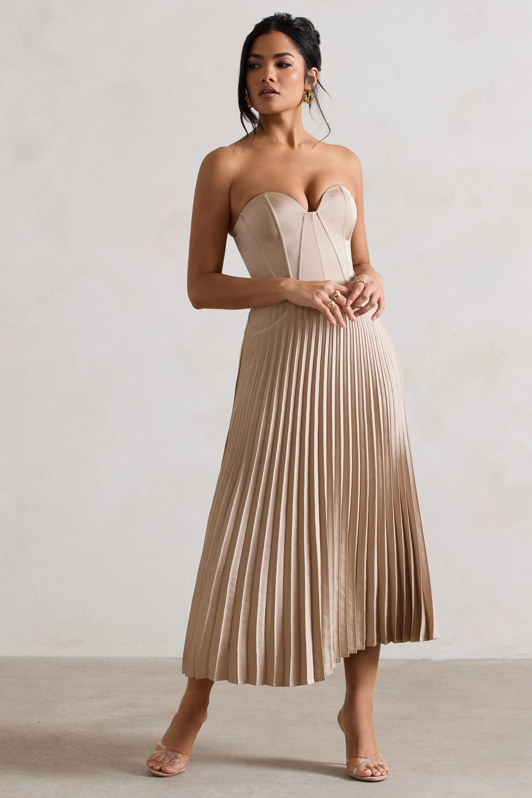 Bordeaux | Champagne Satin Corset Style Midi Dress Club L London