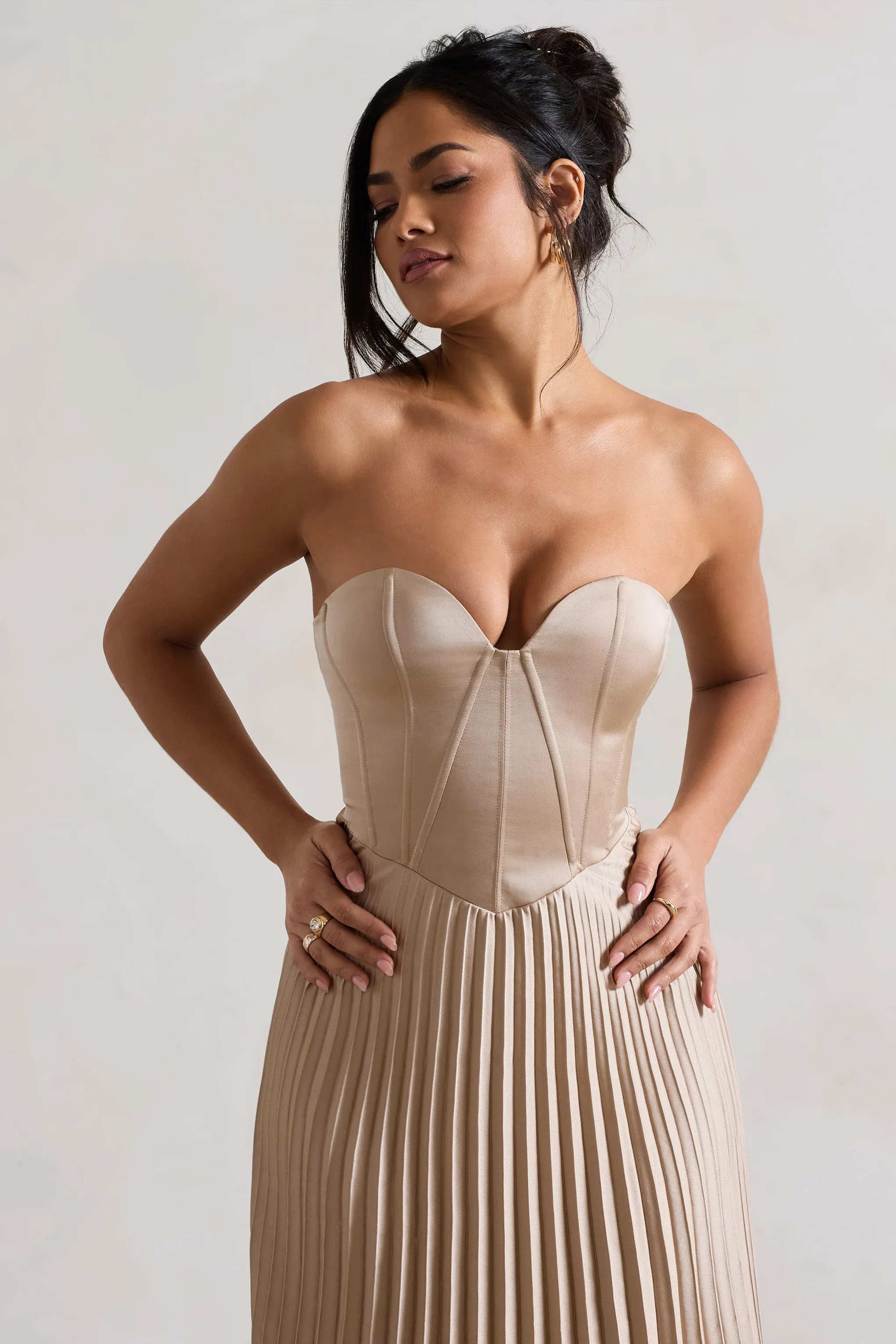 Bordeaux | Champagne Satin Corset Style Midi Dress Club L London