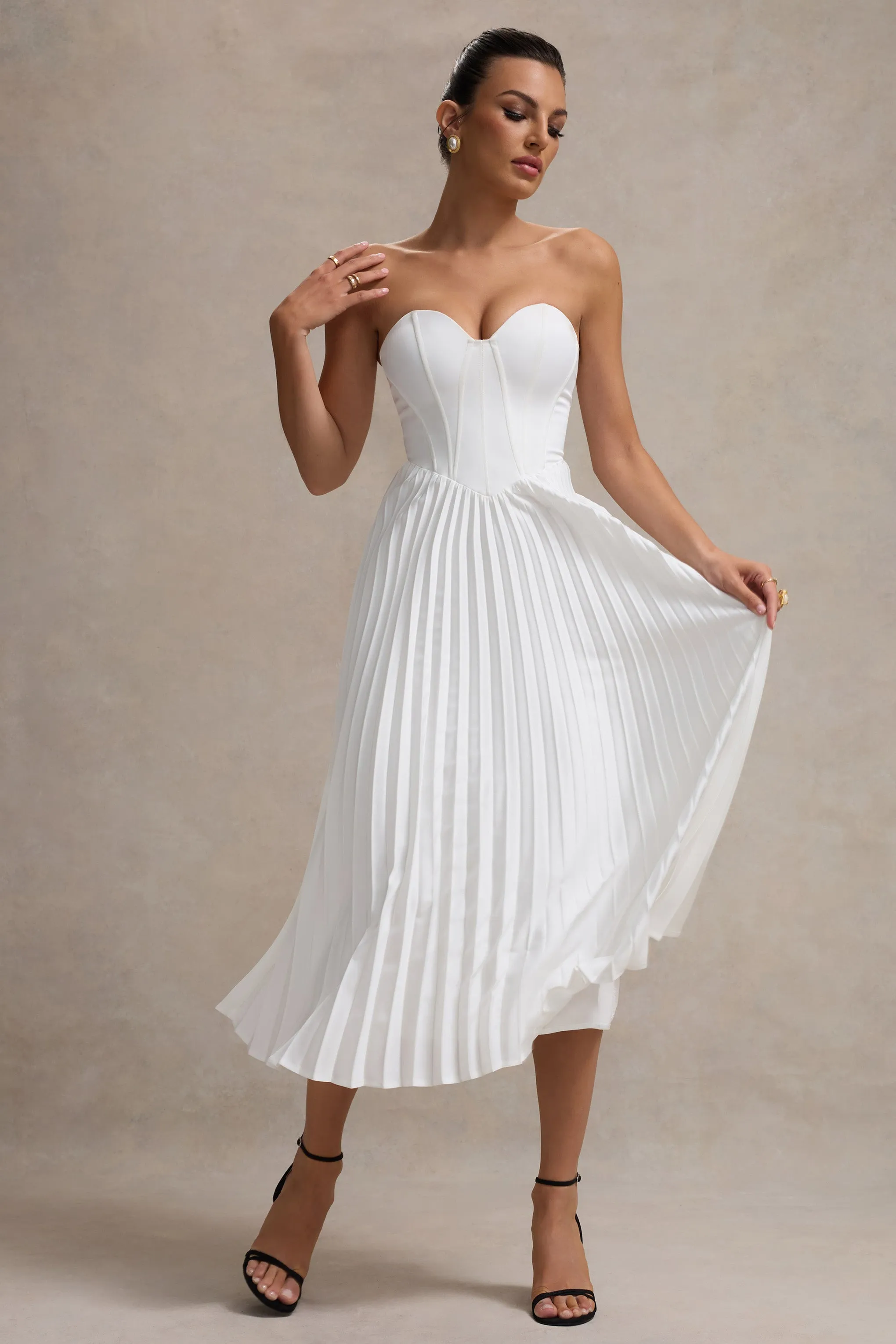 Bordeaux | Cream Satin Corset Style Midi Dress Club L London