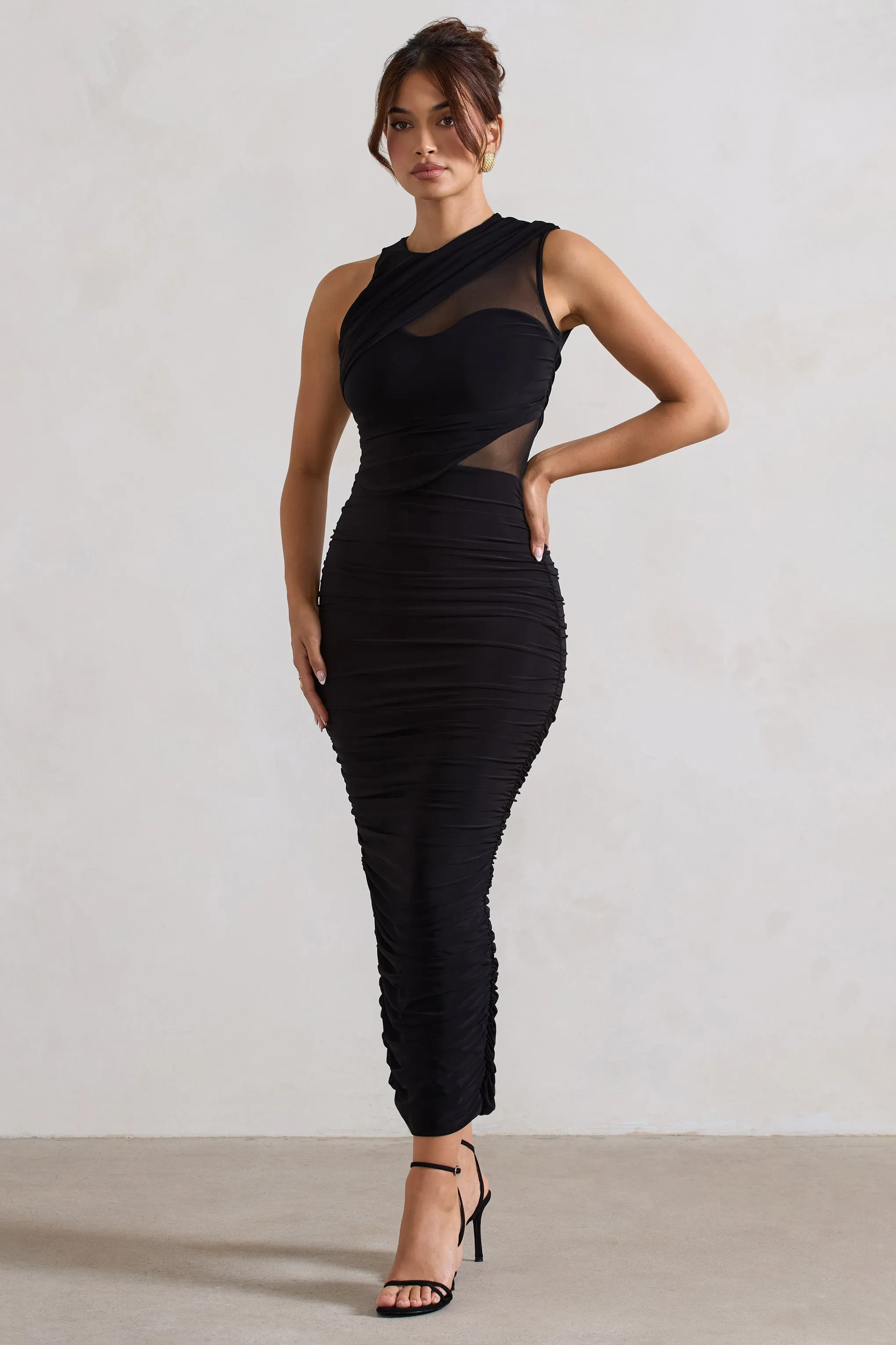 Born With It | Black Sleeveless High-Neck Draped Maxi Dress With Mesh Inserts Club L London
