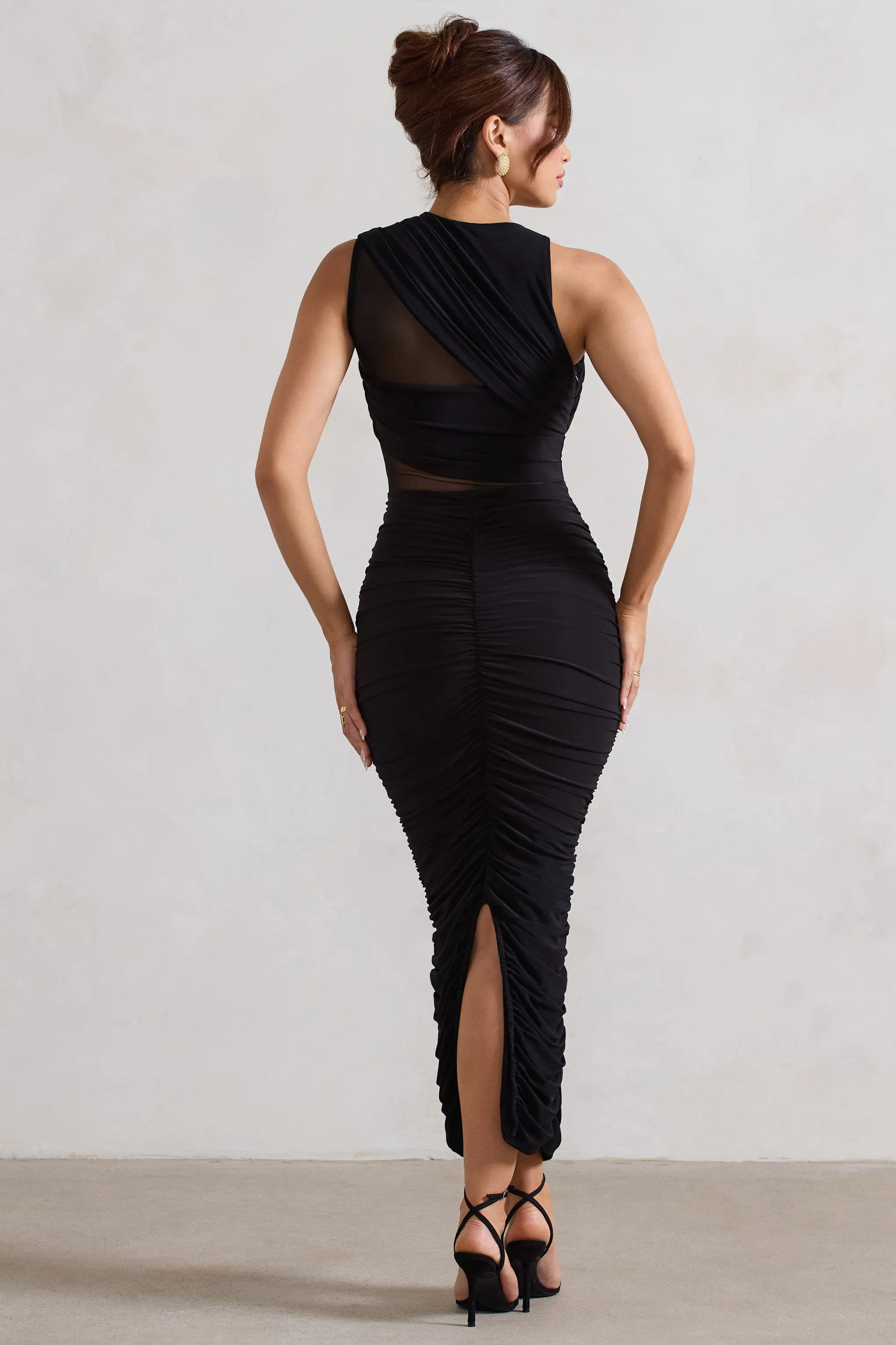 Born With It | Black Sleeveless High-Neck Draped Maxi Dress With Mesh Inserts Club L London