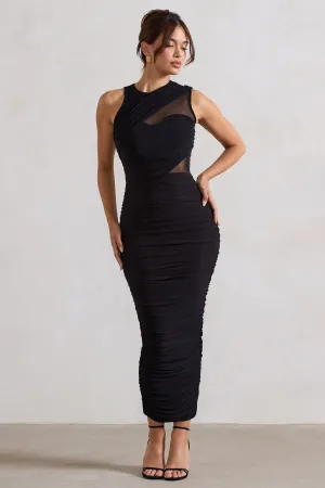 Born With It | Black Sleeveless High-Neck Draped Maxi Dress With Mesh Inserts Club L London