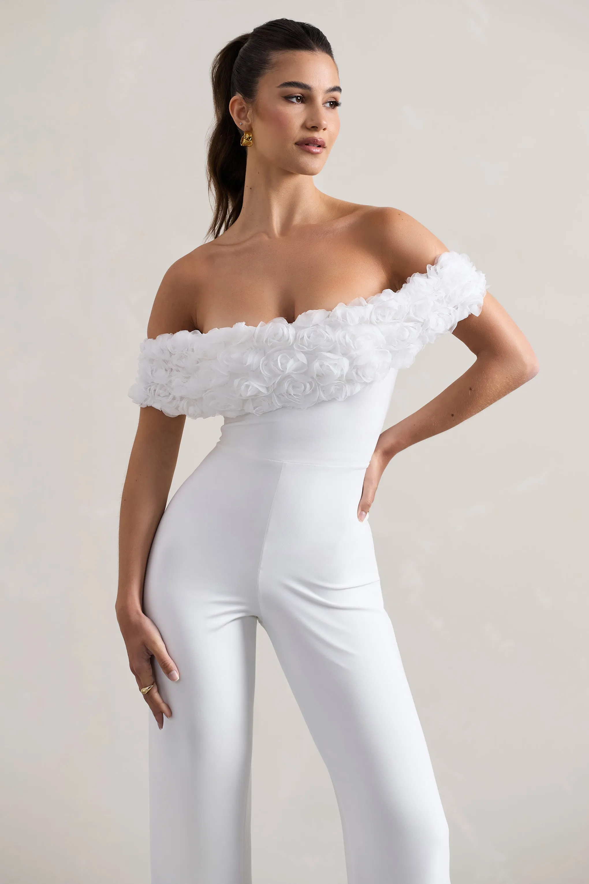 Botanique | White Floral Bardot Jumpsuit Club L London