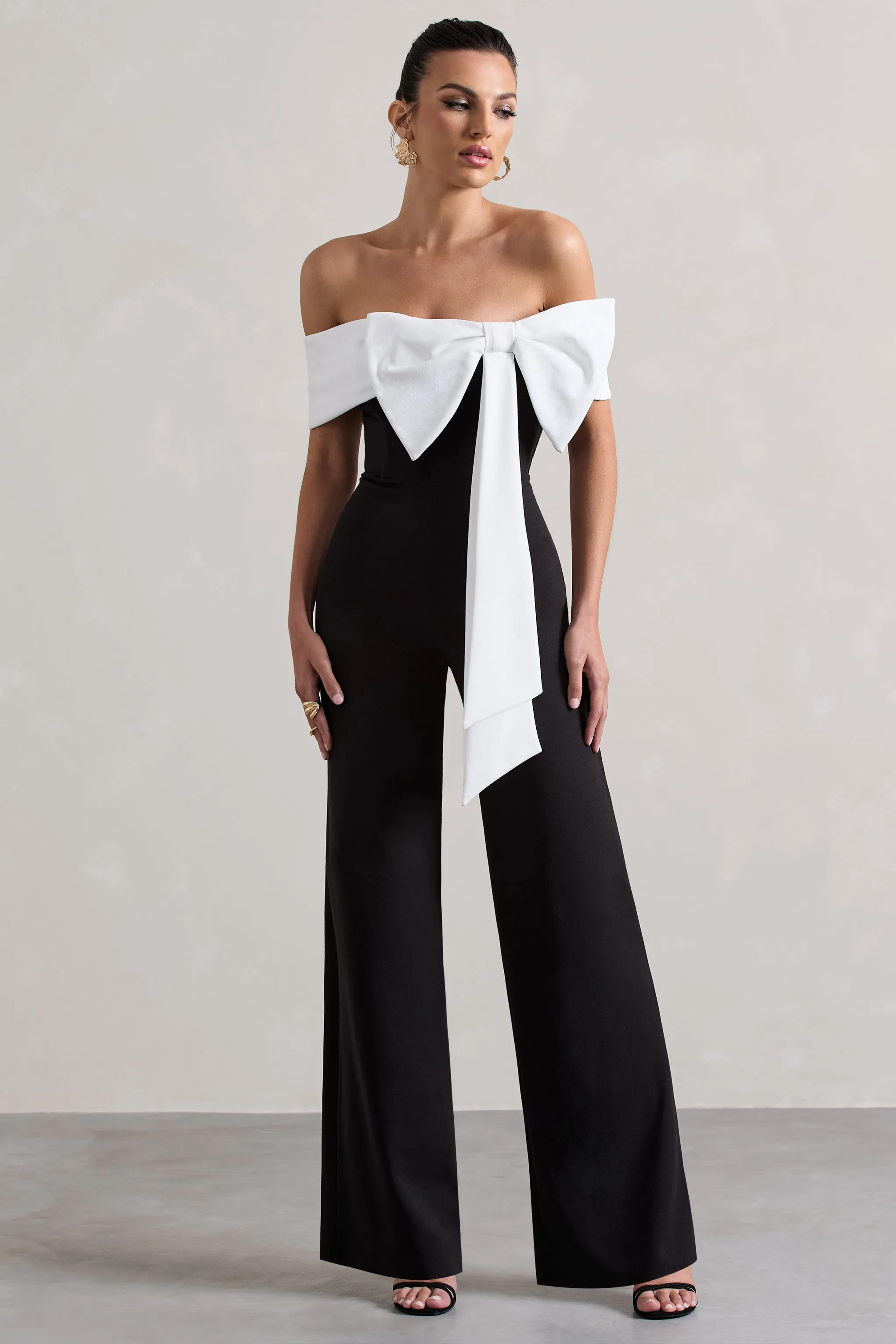 Bower | Black Bardot Straight-Leg Jumpsuit With Bow Club L London