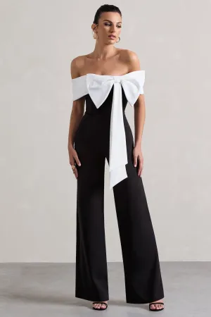 Bower | Black Bardot Straight-Leg Jumpsuit With Bow Club L London