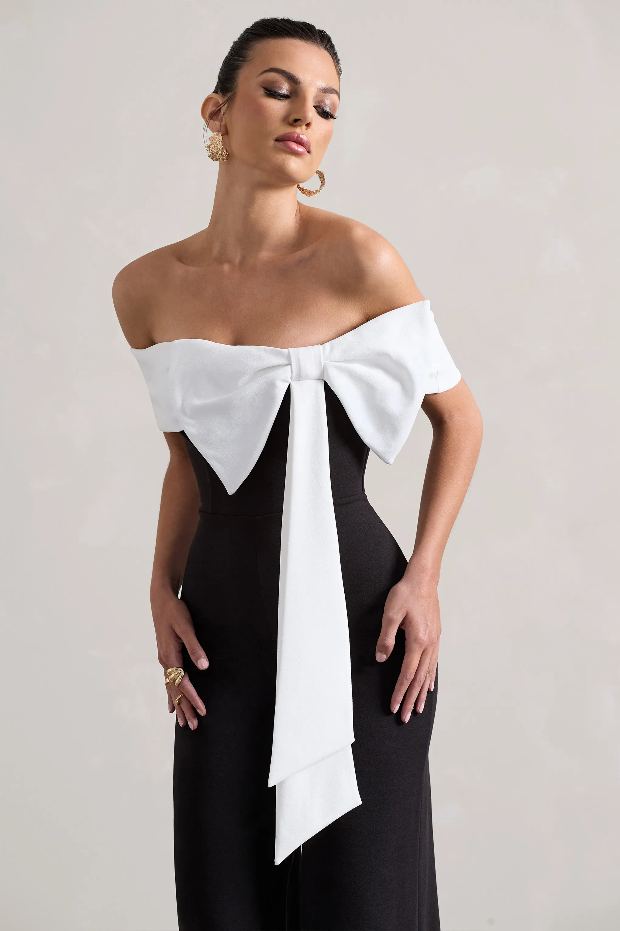 Bower | Black Bardot Straight-Leg Jumpsuit With Bow Club L London