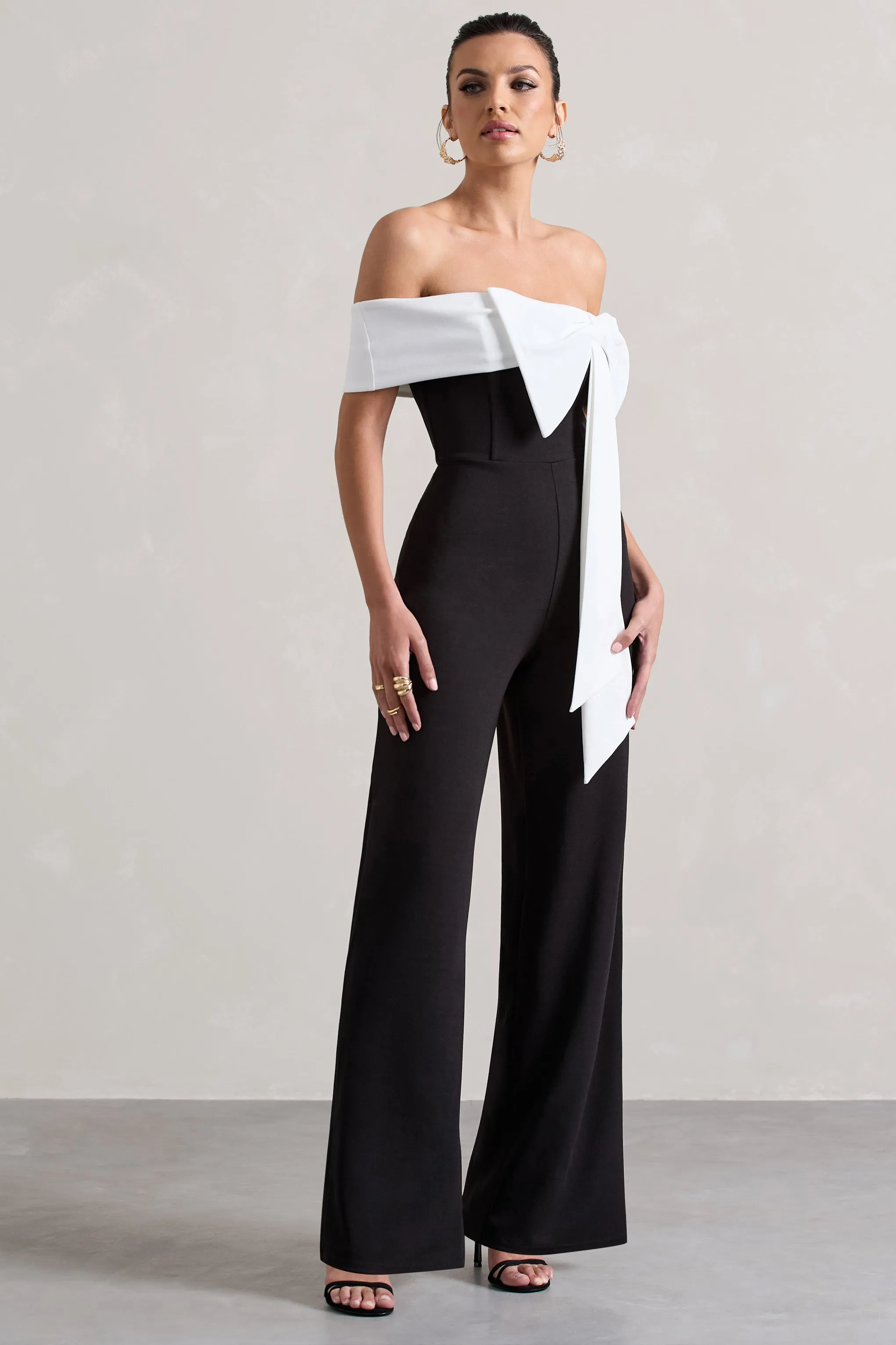 Bower | Black Bardot Straight-Leg Jumpsuit With Bow Club L London
