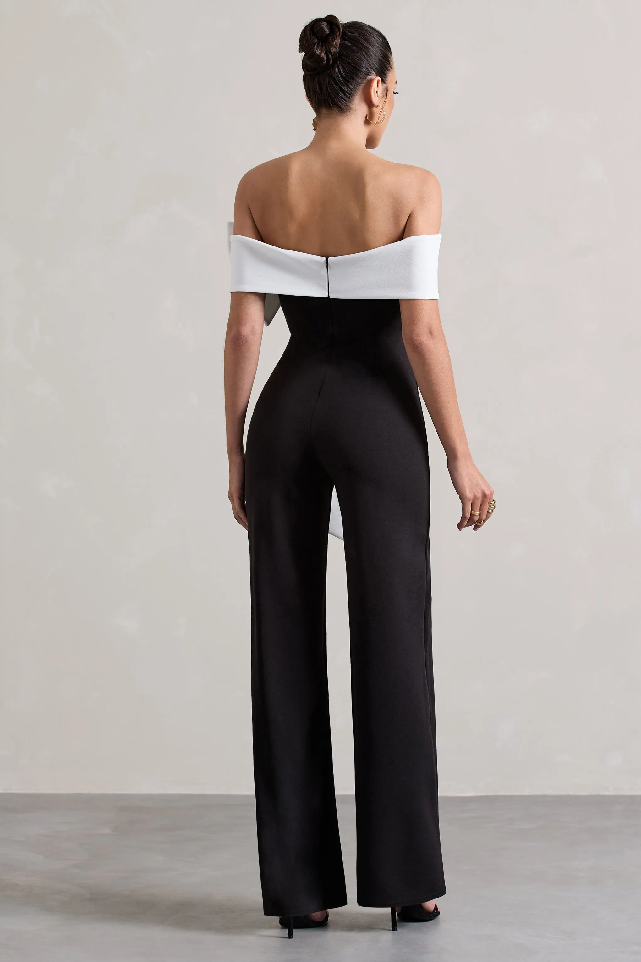 Bower | Black Bardot Straight-Leg Jumpsuit With Bow Club L London