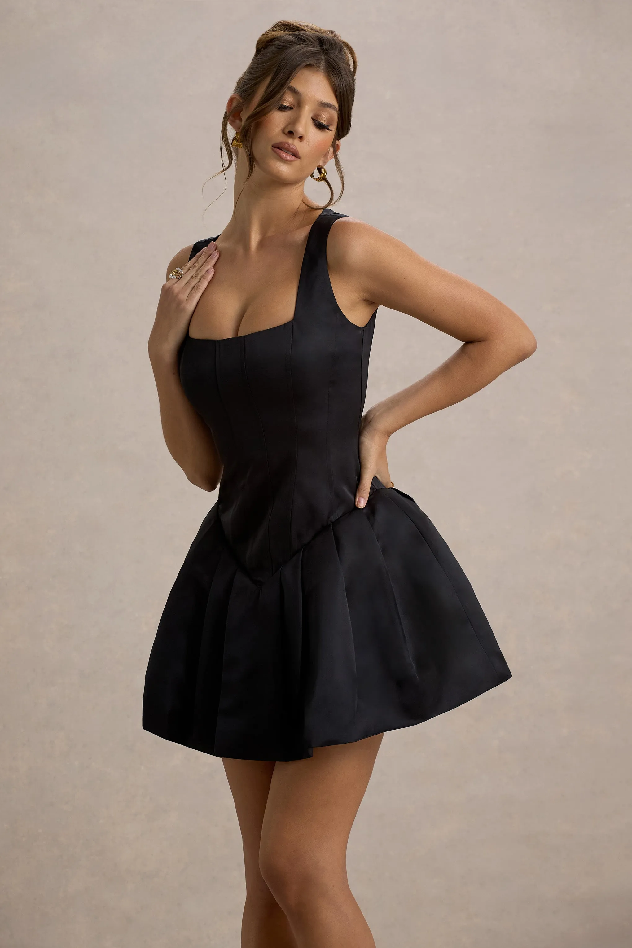 Bramble | Black Satin Square-Neck Puffball Mini Dress Club L London