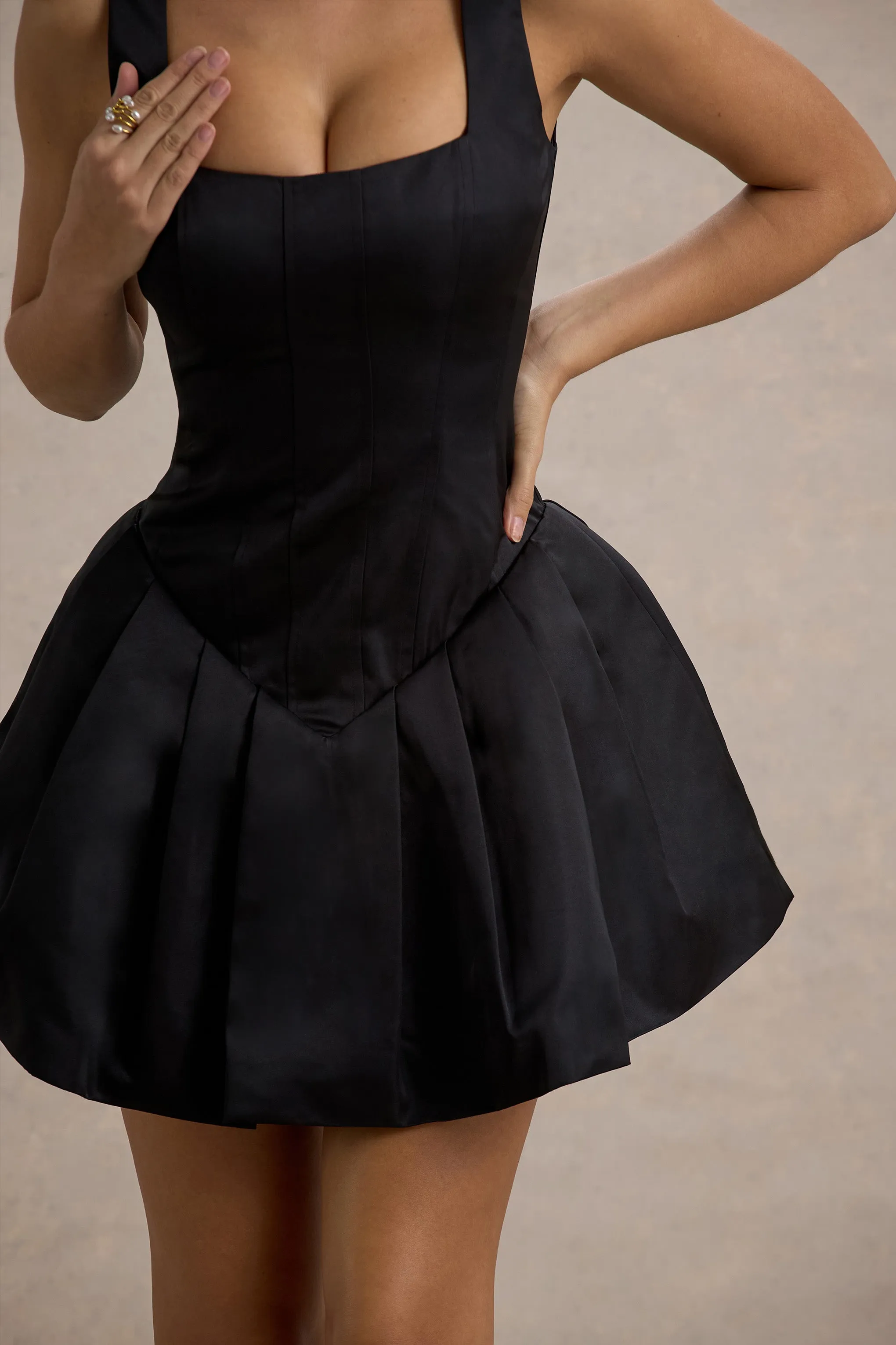 Bramble | Black Satin Square-Neck Puffball Mini Dress Club L London