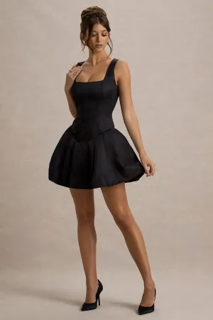 Bramble | Black Satin Square-Neck Puffball Mini Dress Club L London