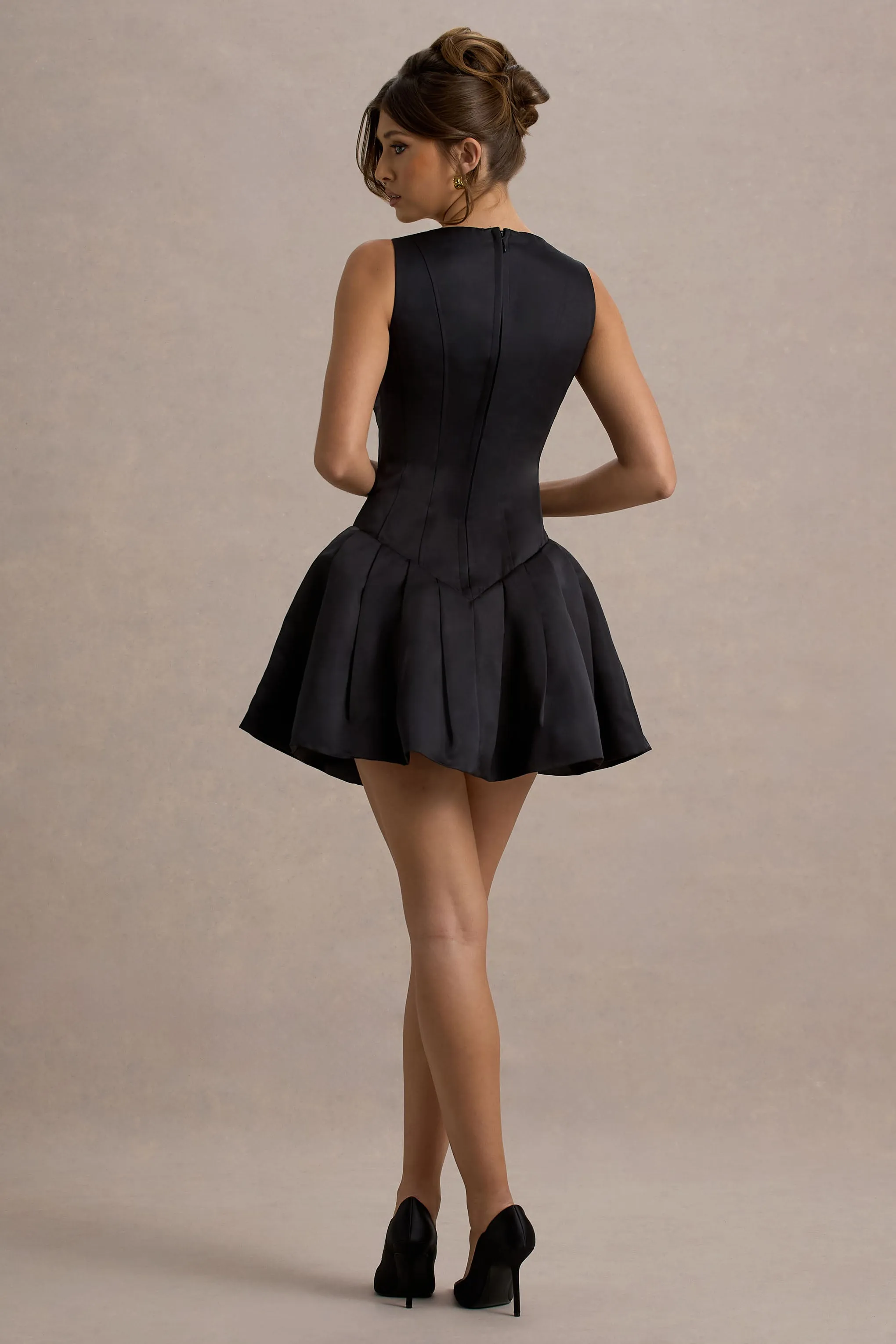 Bramble | Black Satin Square-Neck Puffball Mini Dress Club L London