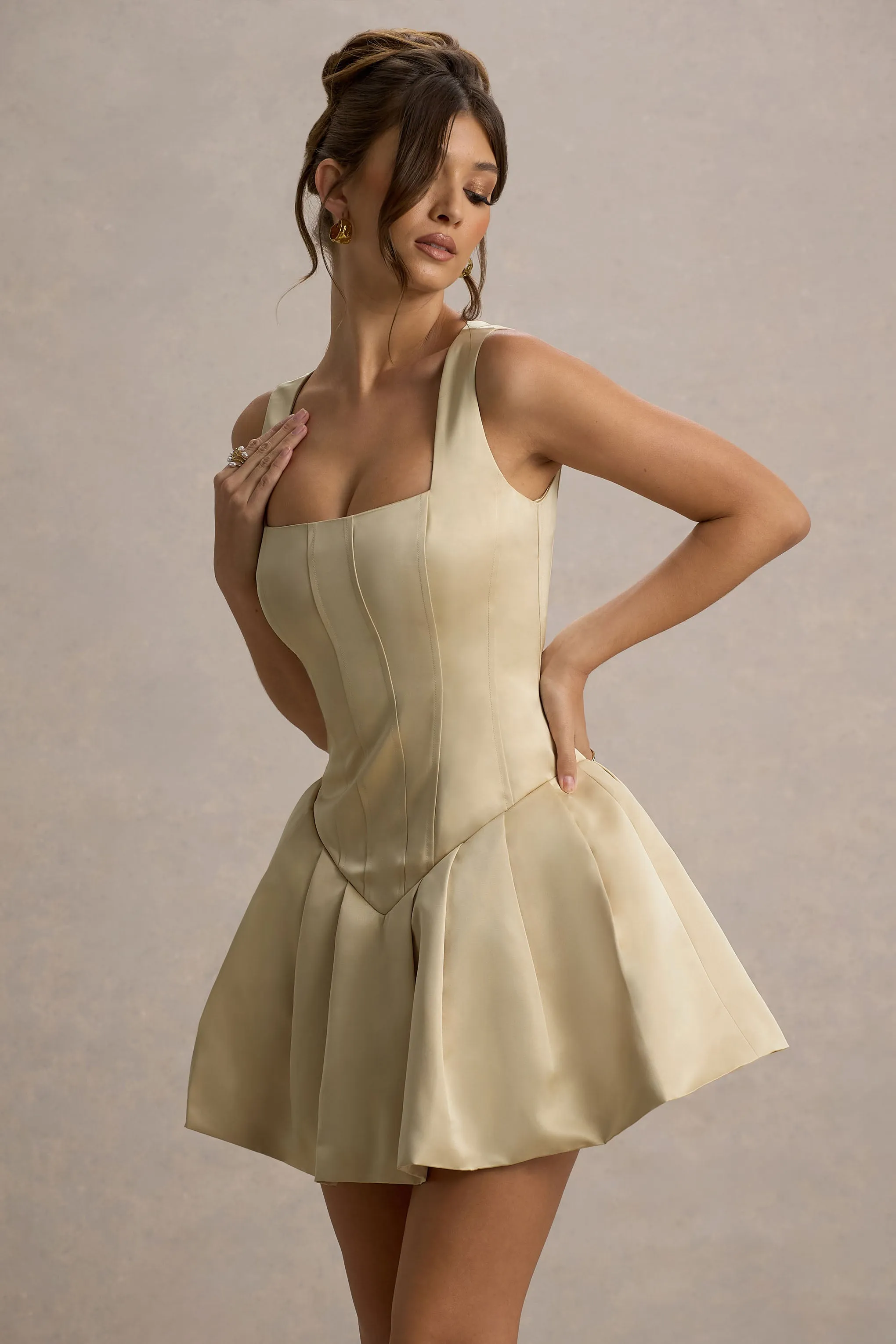 Bramble | Ivory Satin Square-Neck Puffball Mini Dress Club L London