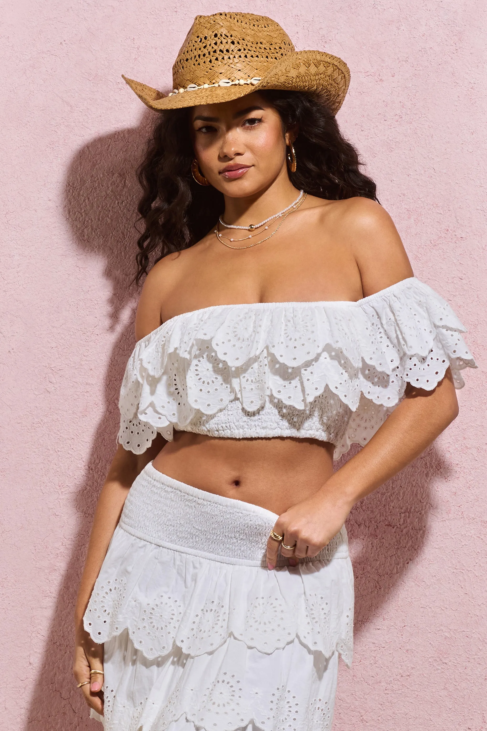 Breathtaking | White Broderie Ruffled Bardot Crop Top Club L London