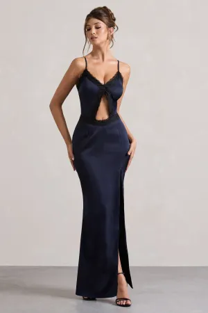 Brescia | Navy Satin Cut-Out Maxi Dress With Lace Trim Club L London