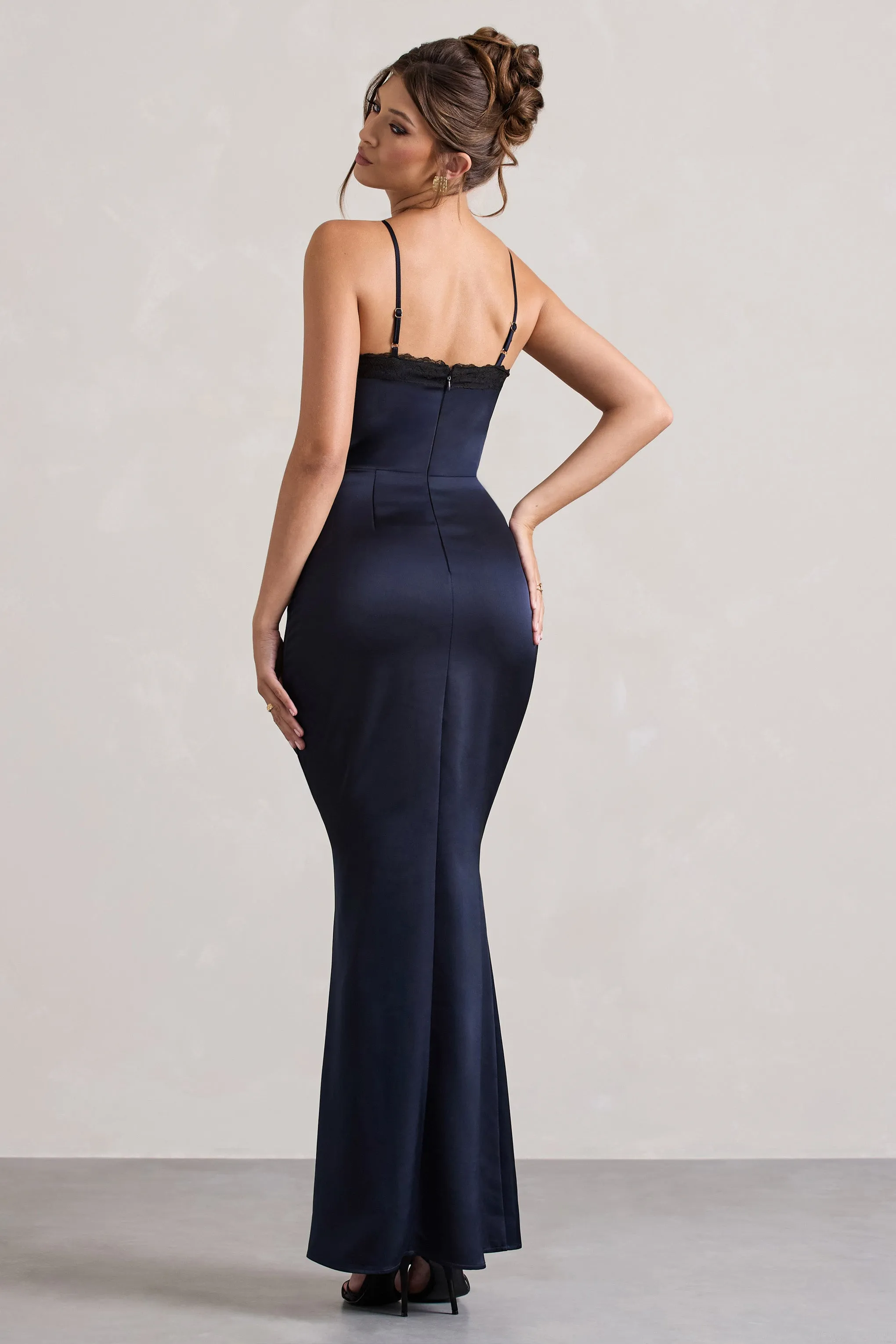 Brescia | Navy Satin Cut-Out Maxi Dress With Lace Trim Club L London