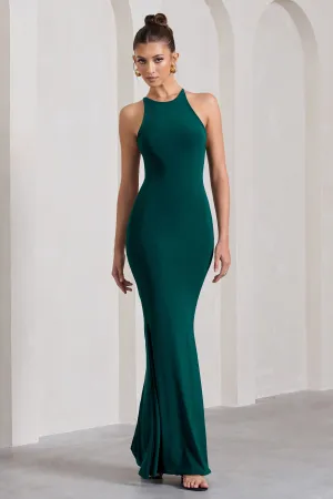 Brianna | Bottle Green Sleeveless Halter-Neck Open-Back Maxi Dress Club L London