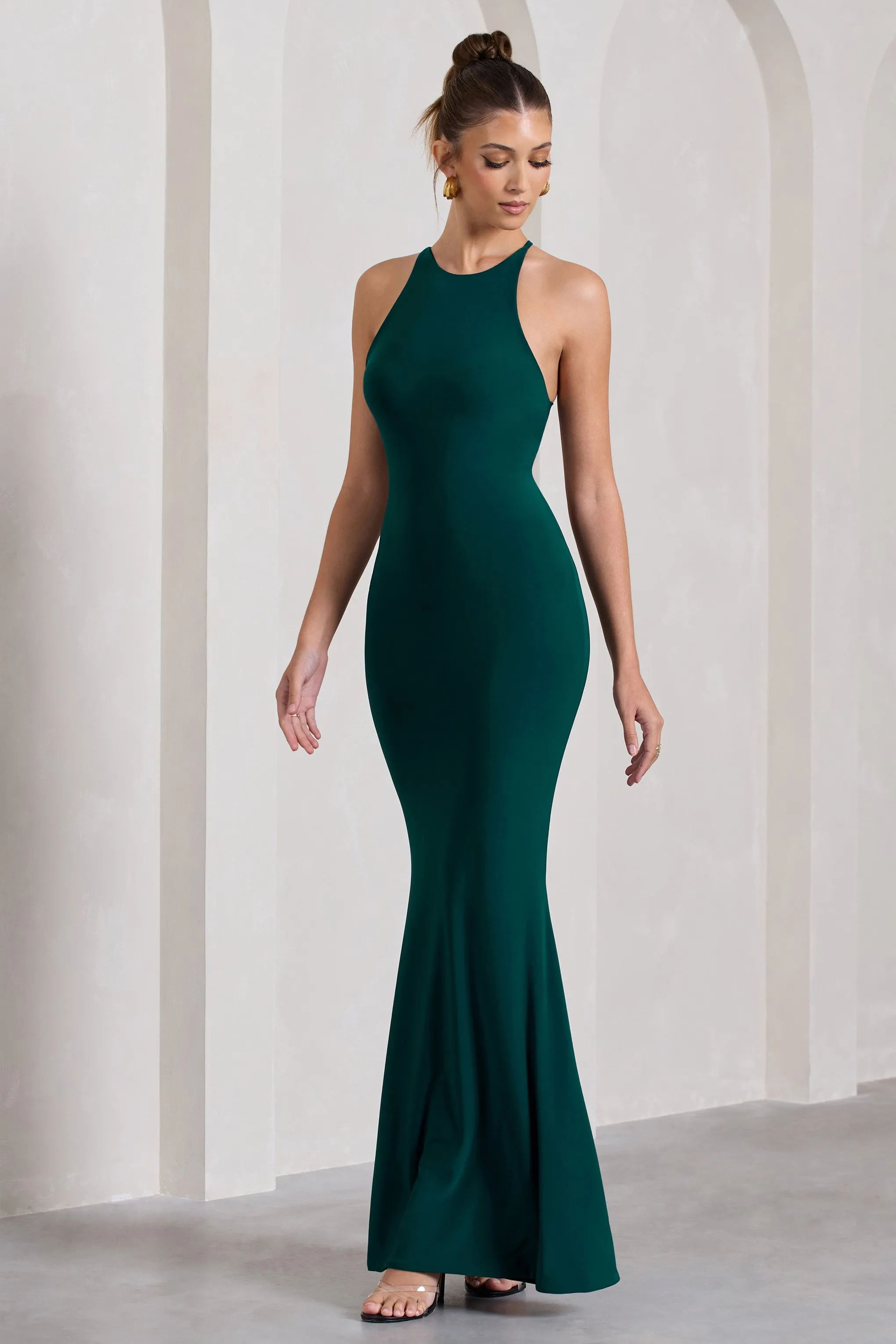 Brianna | Bottle Green Sleeveless Halter-Neck Open-Back Maxi Dress Club L London