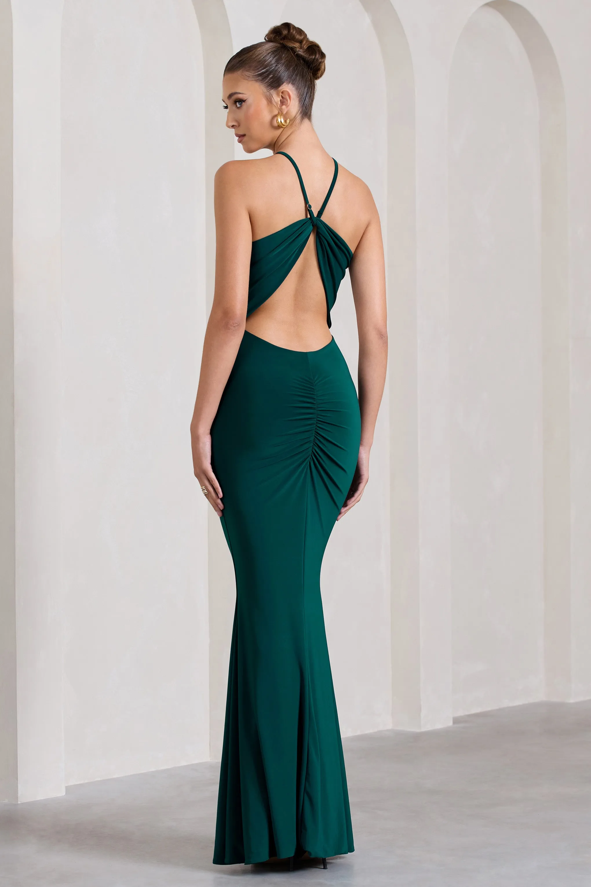 Brianna | Bottle Green Sleeveless Halter-Neck Open-Back Maxi Dress Club L London