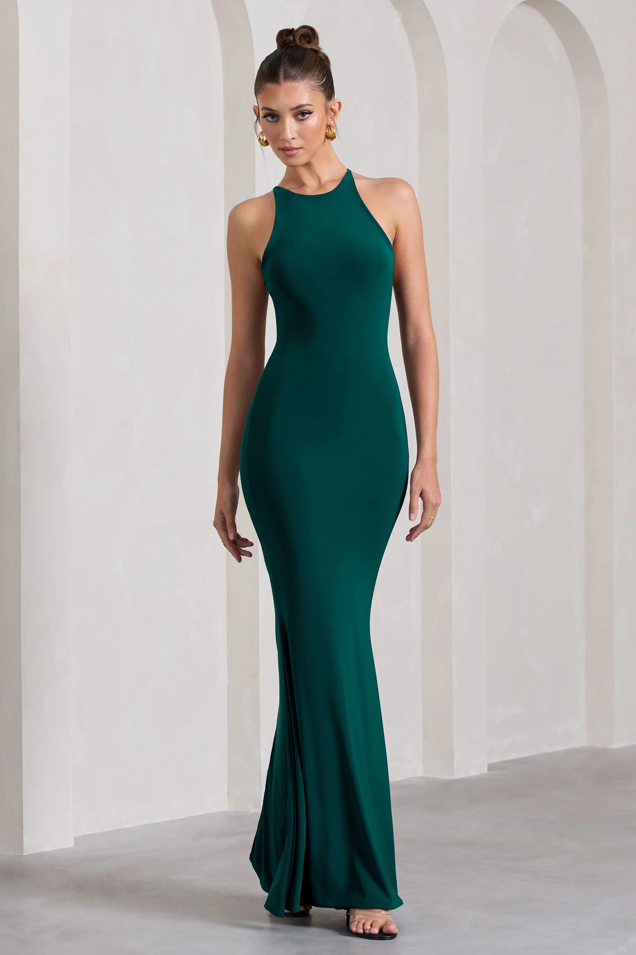 Brianna | Bottle Green Sleeveless Halter-Neck Open-Back Maxi Dress Club L London
