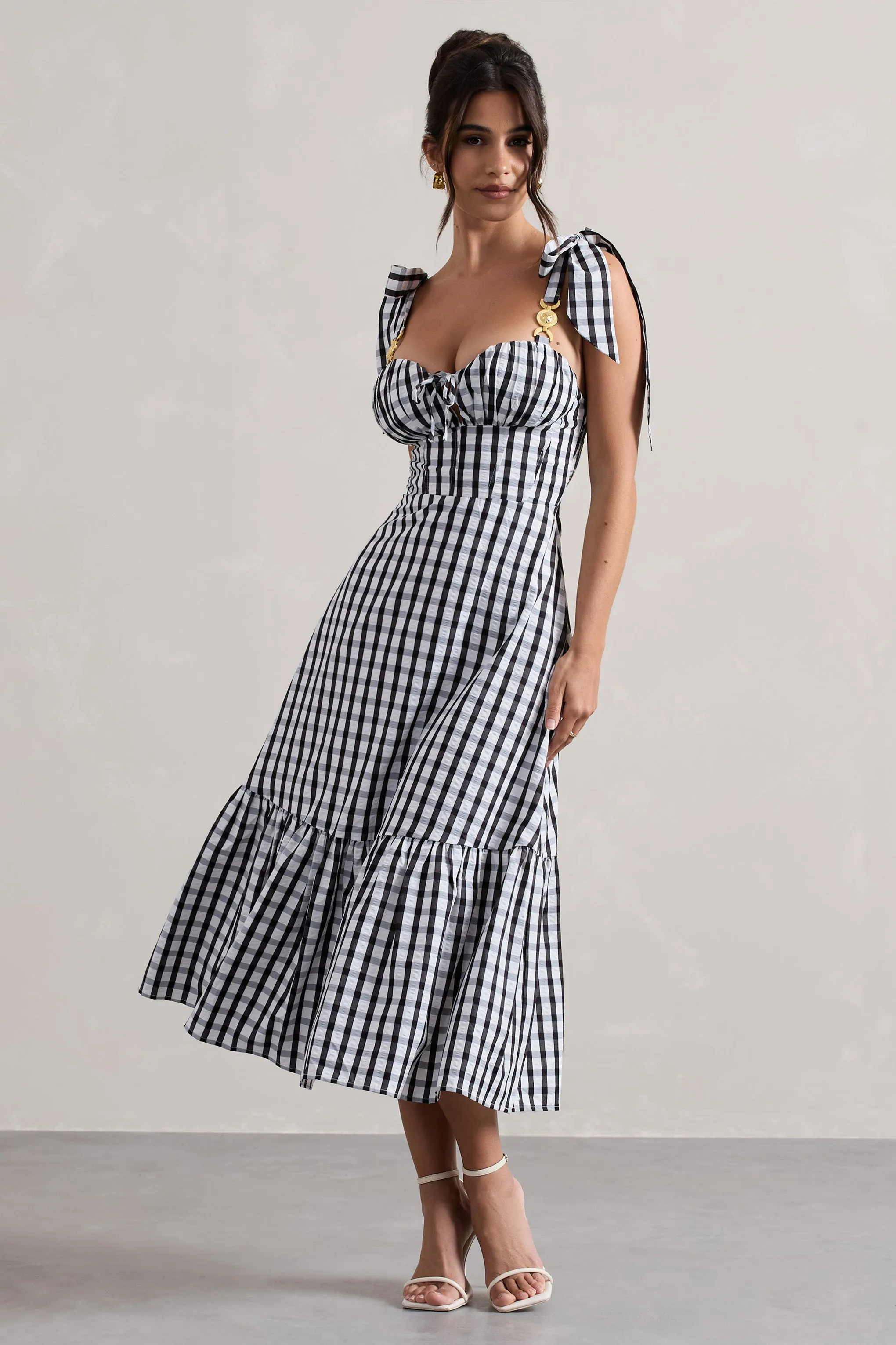 Brighton | Black & White Gingham Sweetheart Midi Dress Club L London