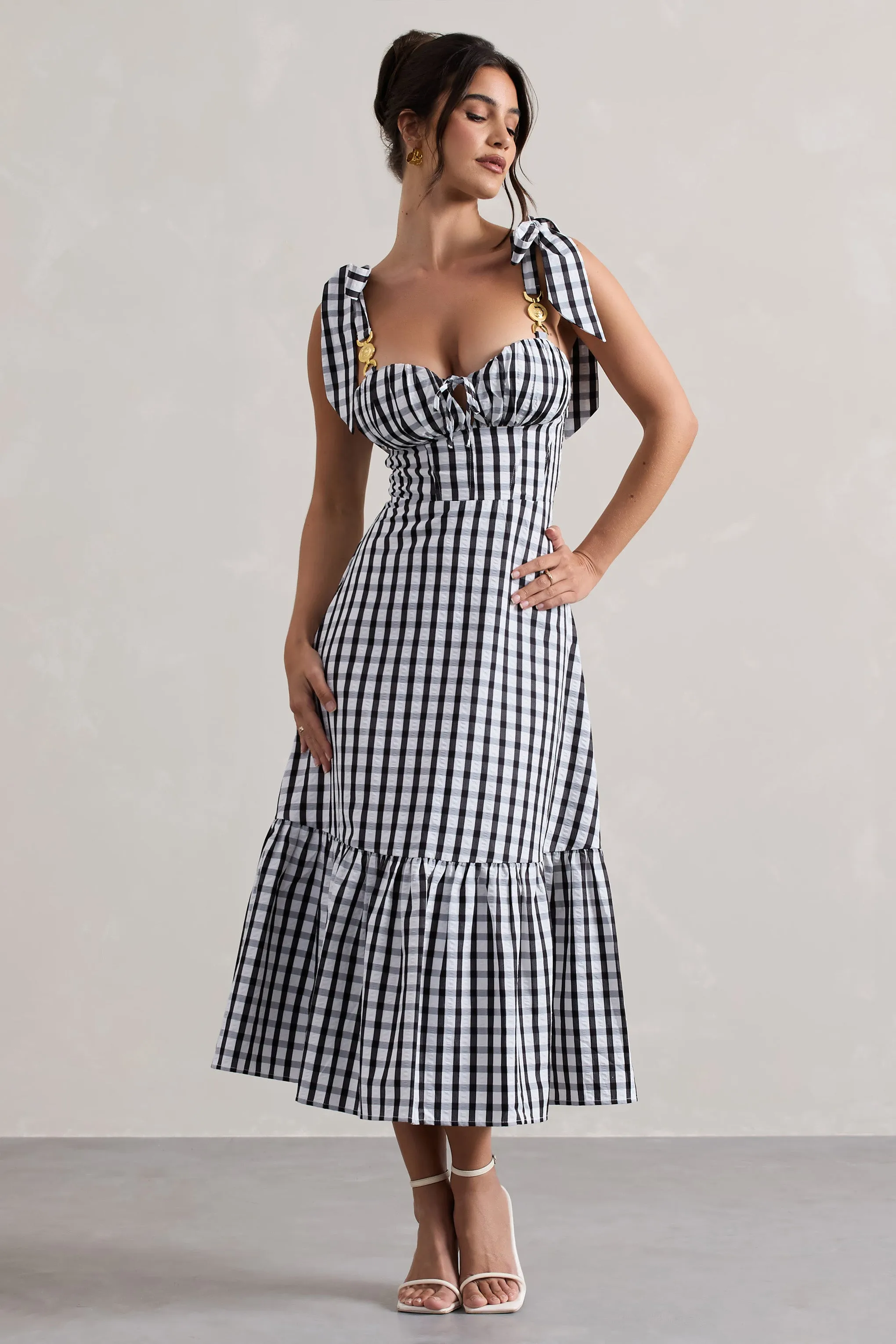 Brighton | Black & White Gingham Sweetheart Midi Dress Club L London