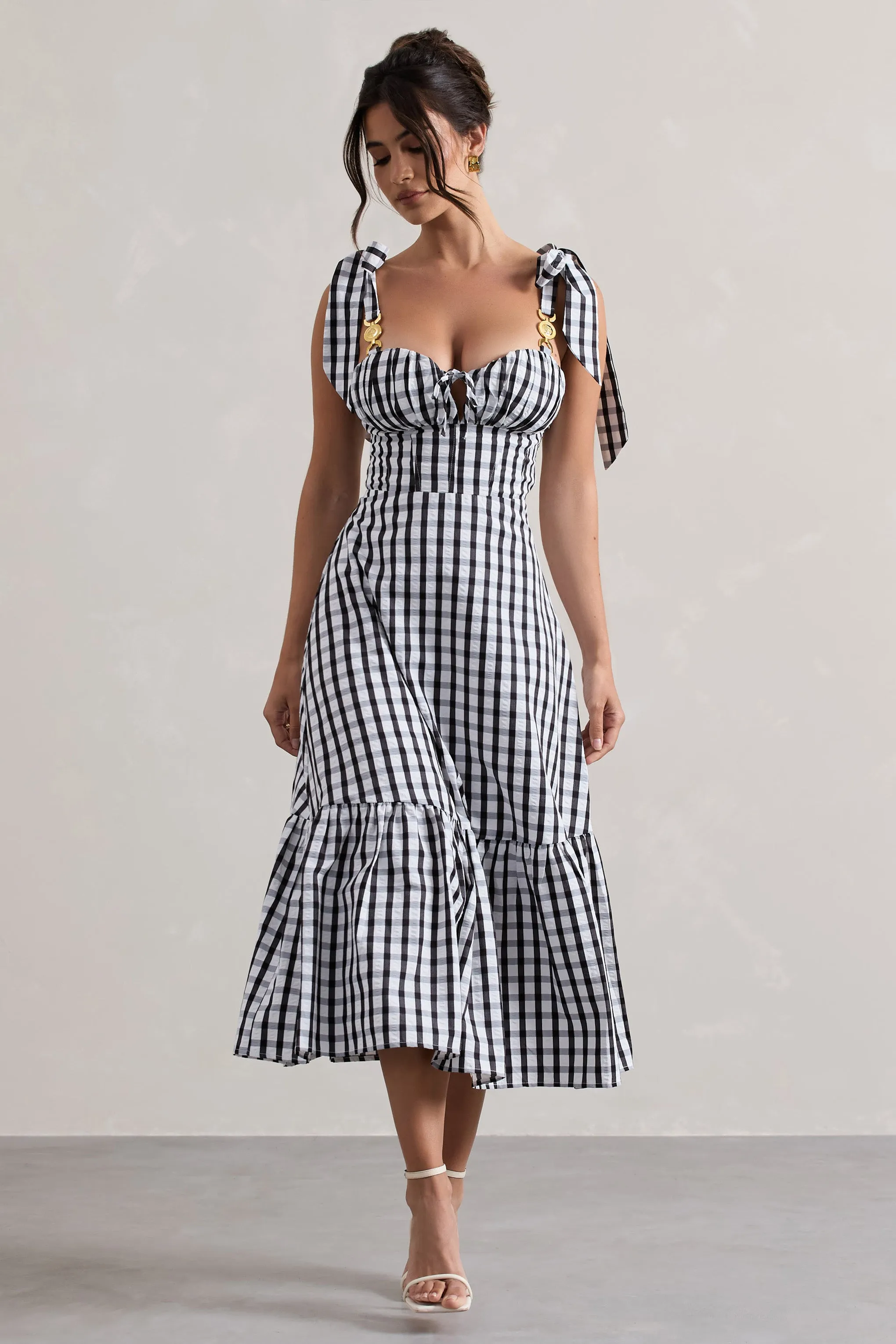 Brighton | Black & White Gingham Sweetheart Midi Dress Club L London