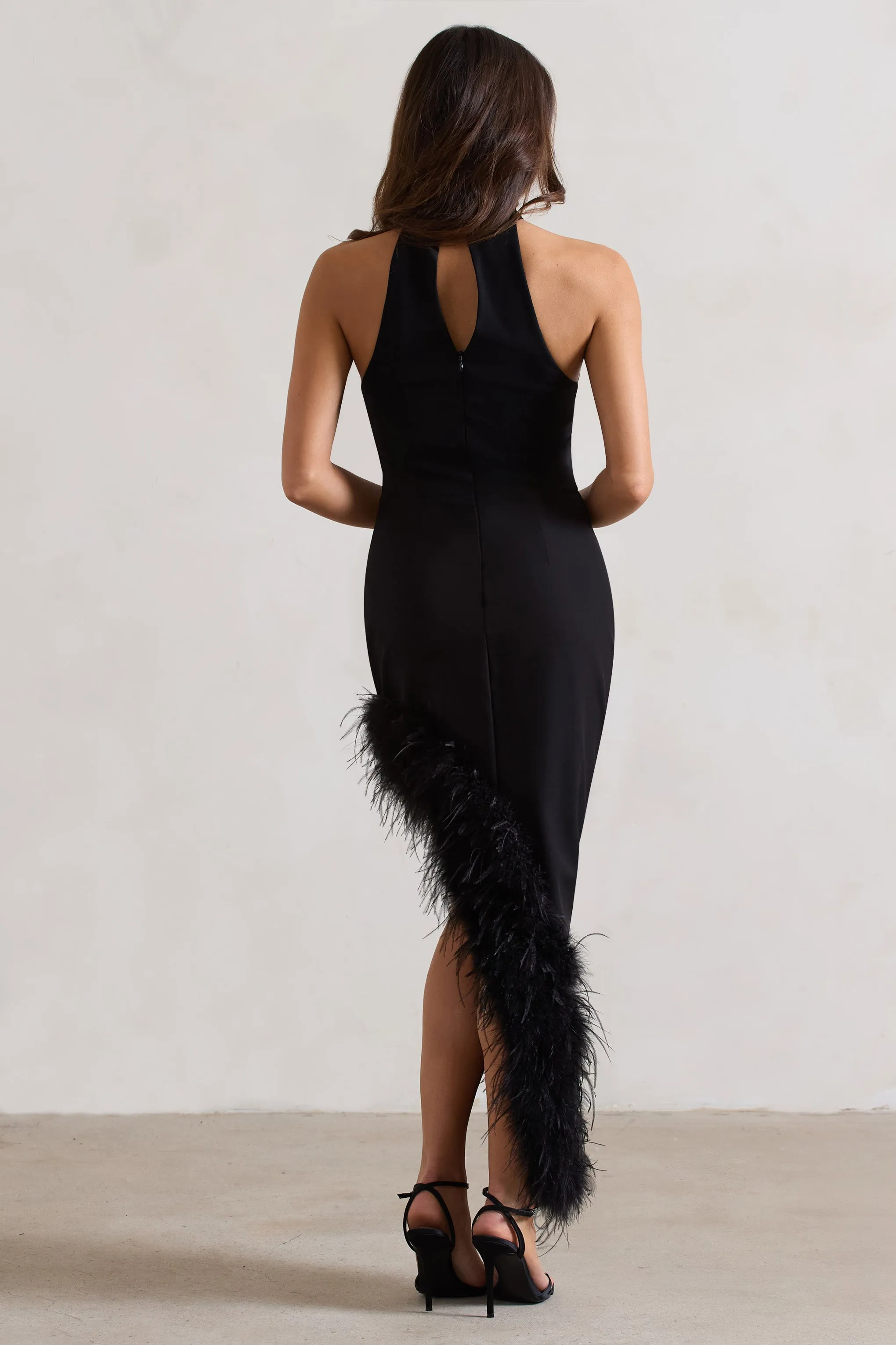 Brilliance | Black Asymmetric Maxi Dress With Feather Trim Club L London