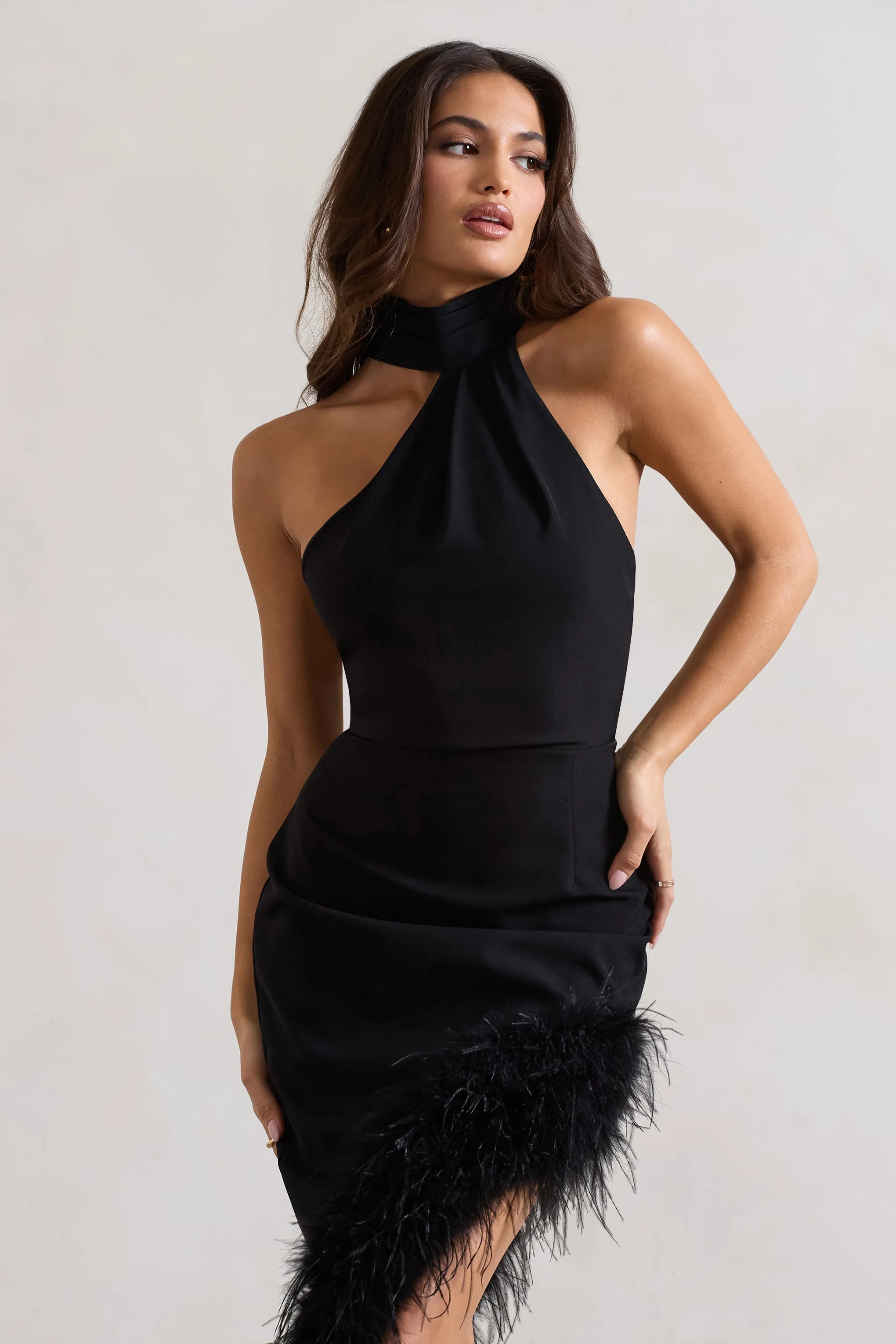 Brilliance | Black Asymmetric Maxi Dress With Feather Trim Club L London