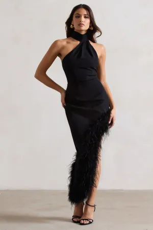 Brilliance | Black Asymmetric Maxi Dress With Feather Trim Club L London