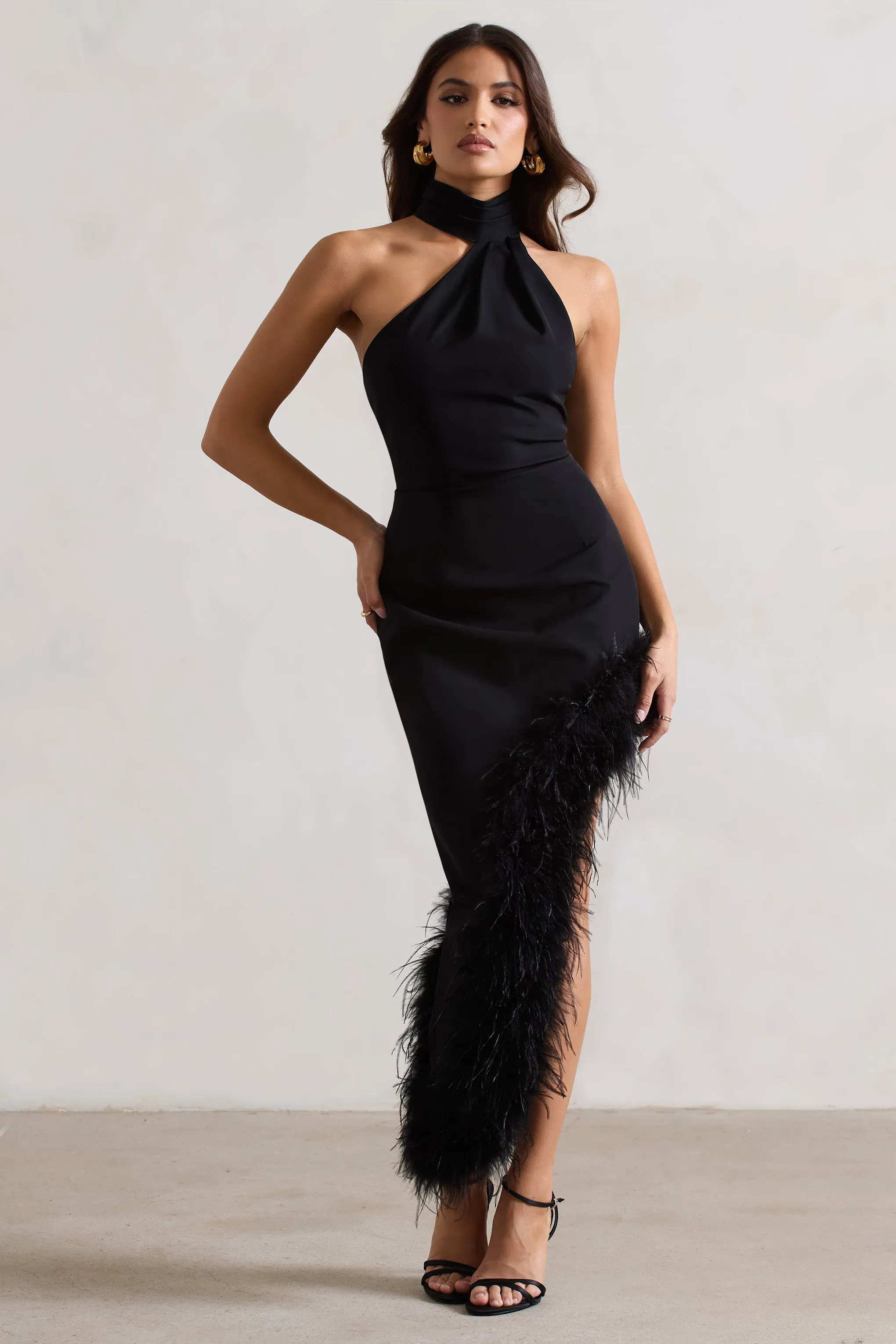 Brilliance | Black Asymmetric Maxi Dress With Feather Trim Club L London