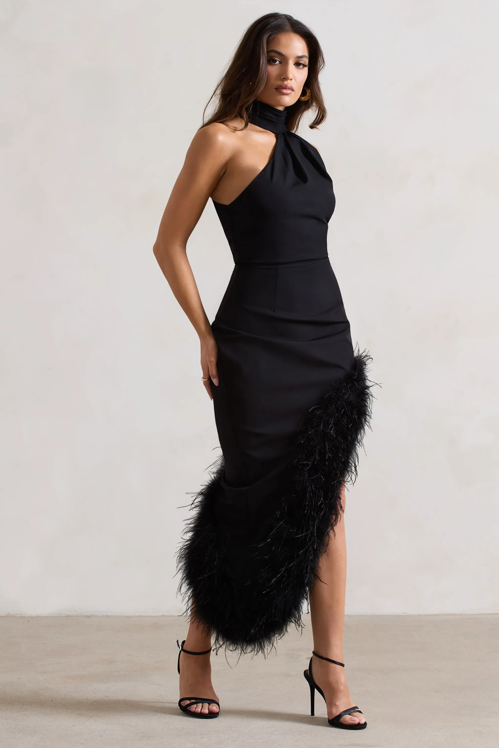 Brilliance | Black Asymmetric Maxi Dress With Feather Trim Club L London