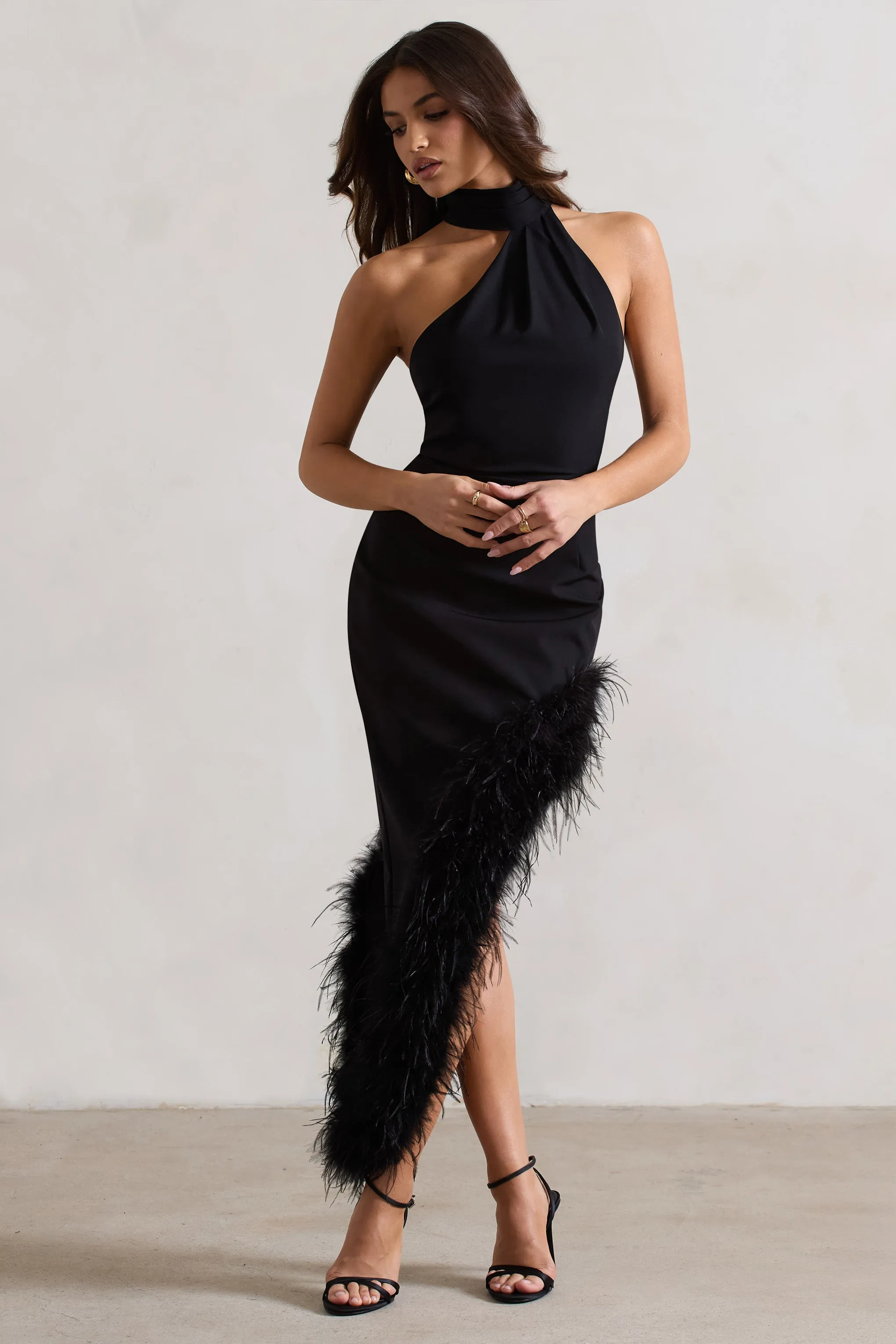 Brilliance | Black Asymmetric Maxi Dress With Feather Trim Club L London